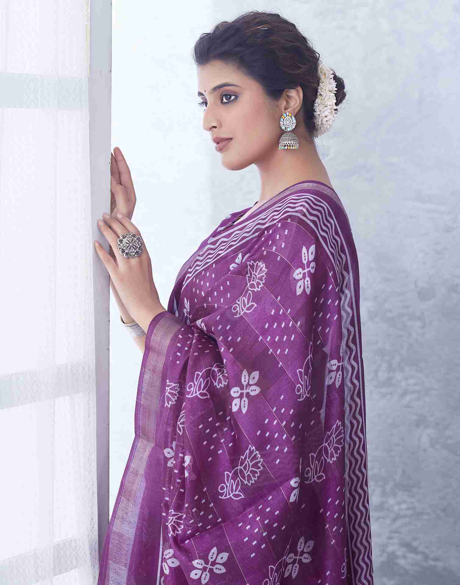 Purple Cotton Printed Saree