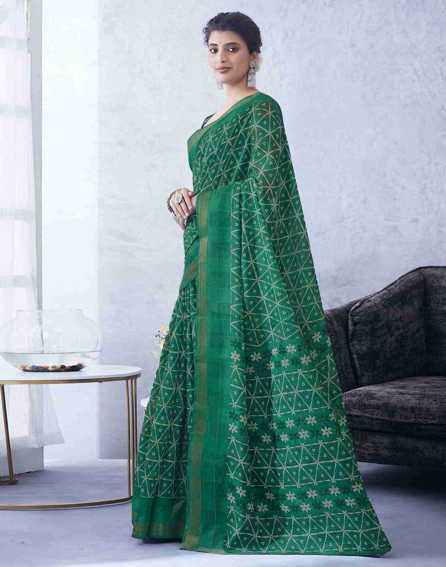 Green Cotton Printed Saree