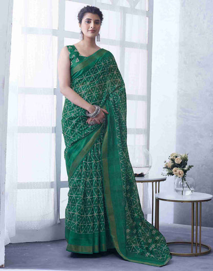 Green Cotton Printed Saree