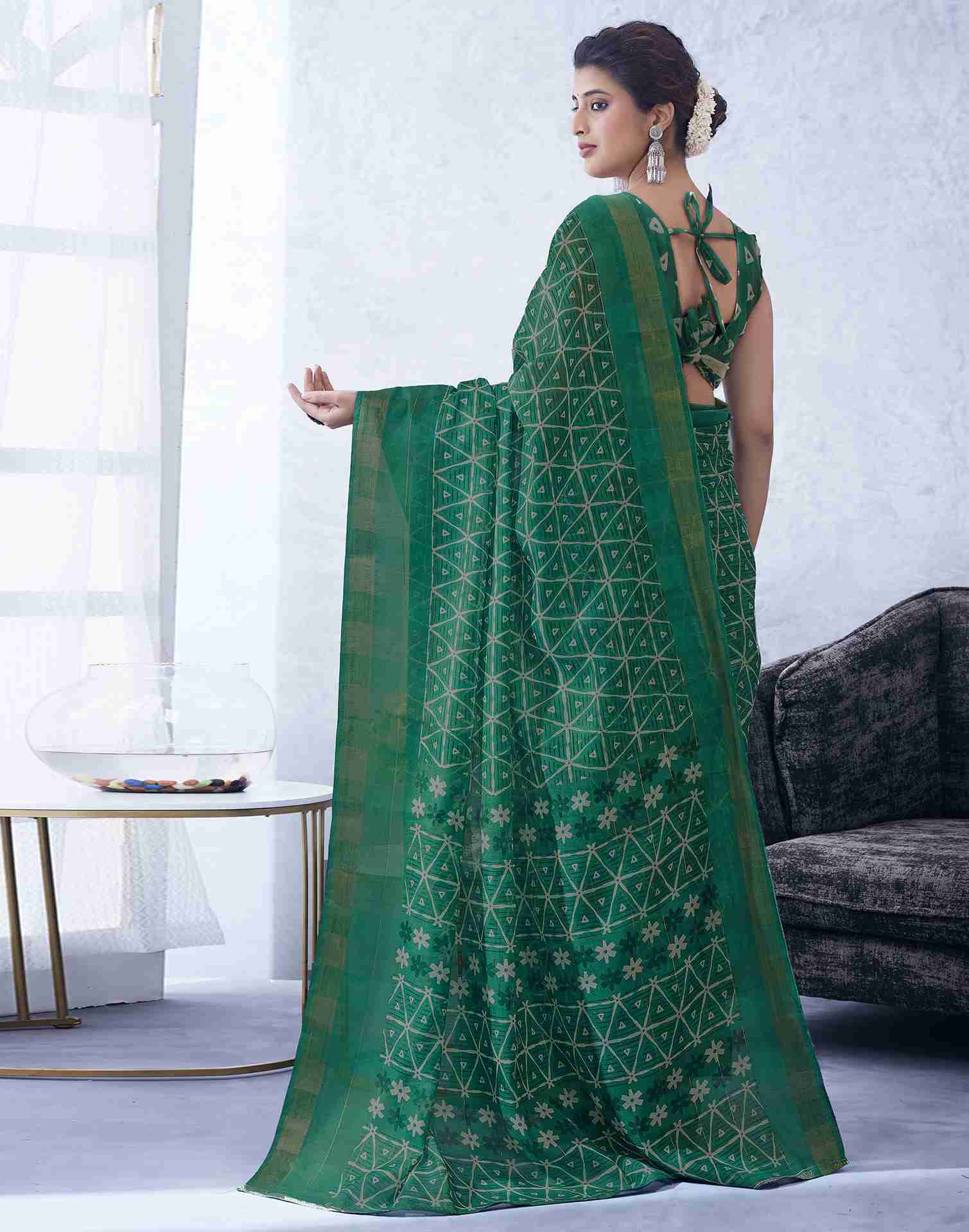 Green Cotton Printed Saree