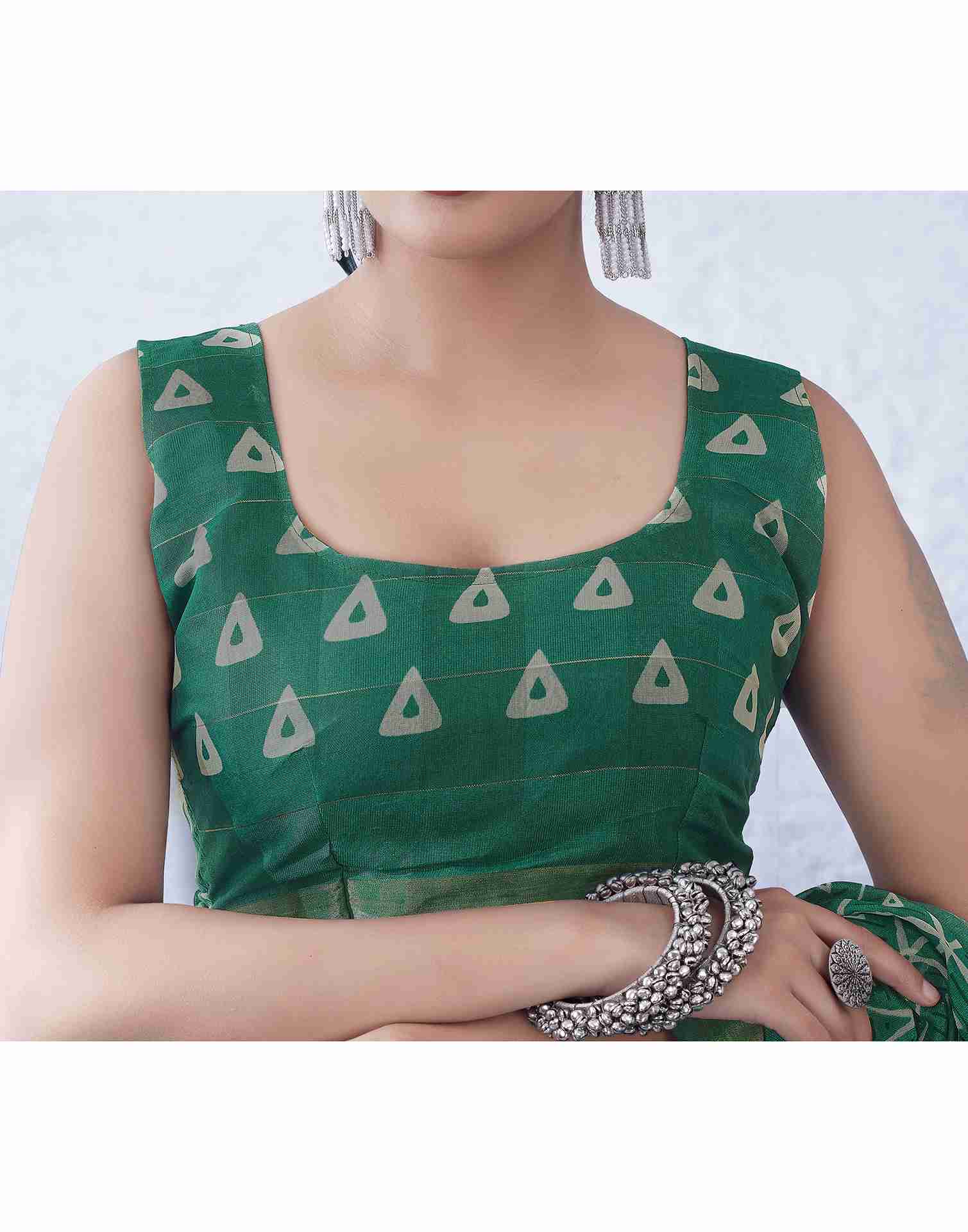 Green Cotton Printed Saree