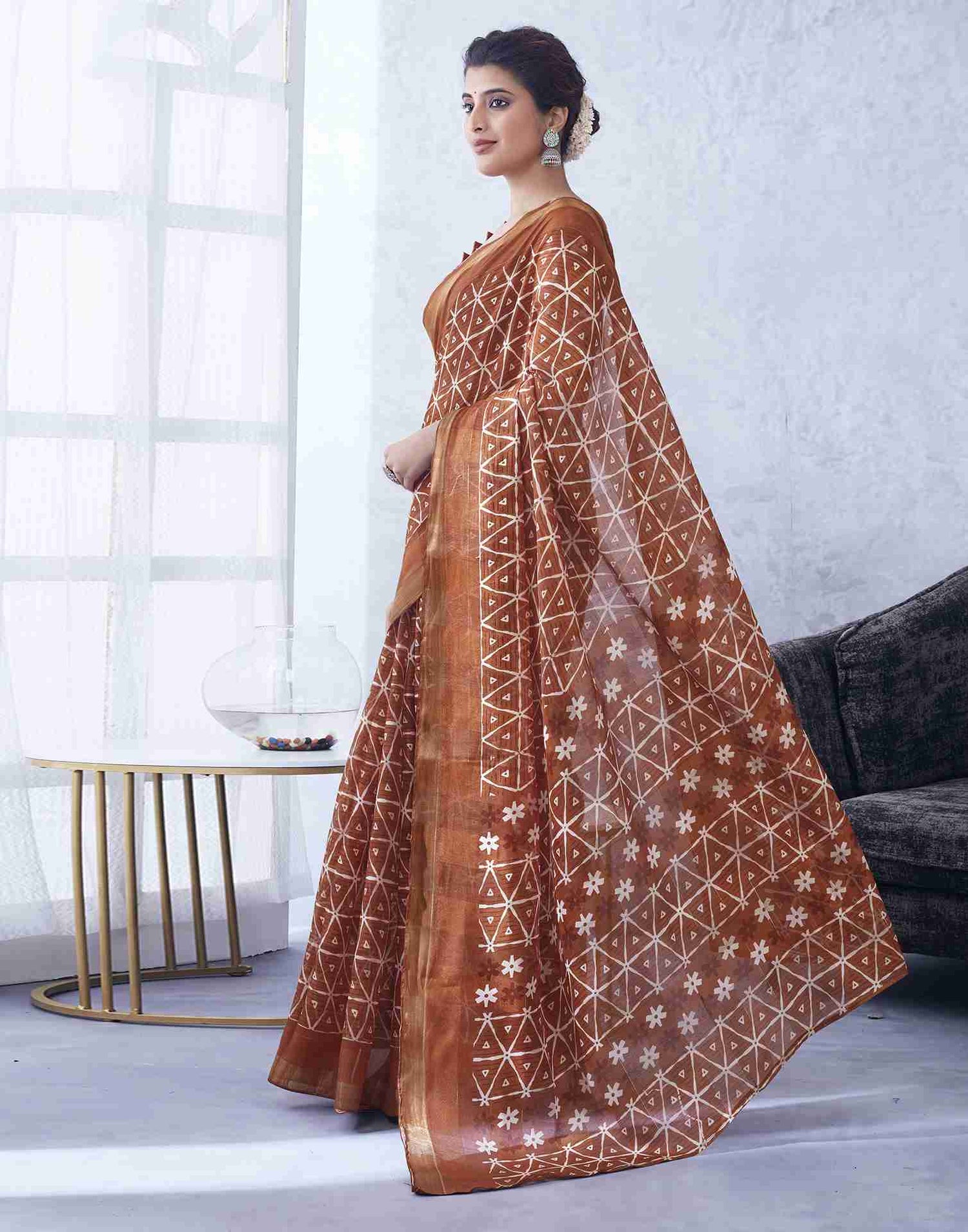 Rust Cotton Printed Saree