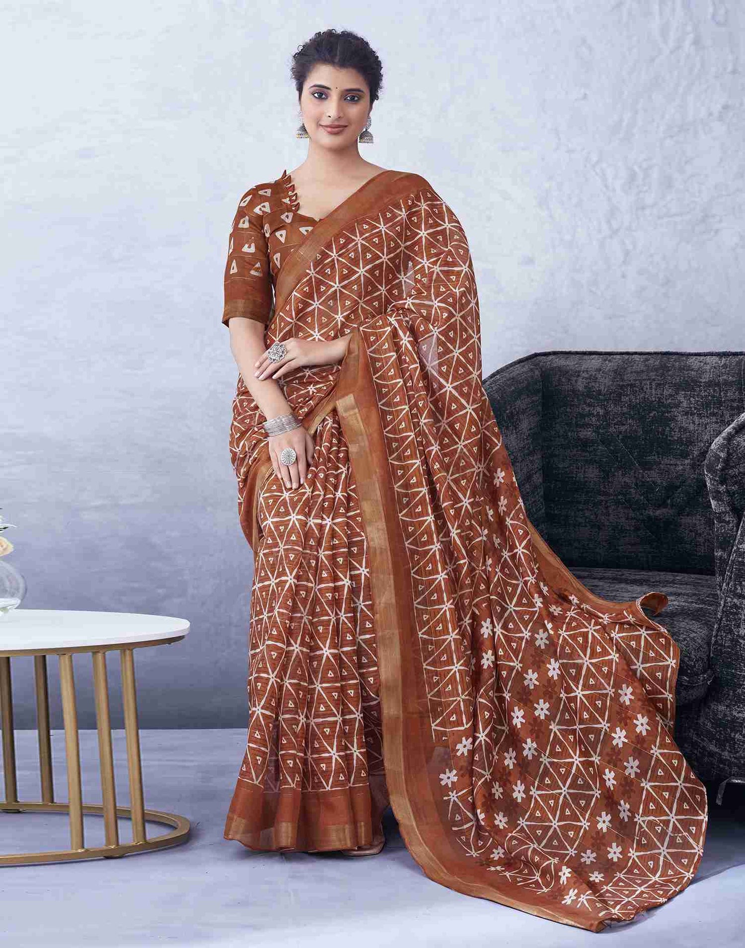 Rust Cotton Printed Saree