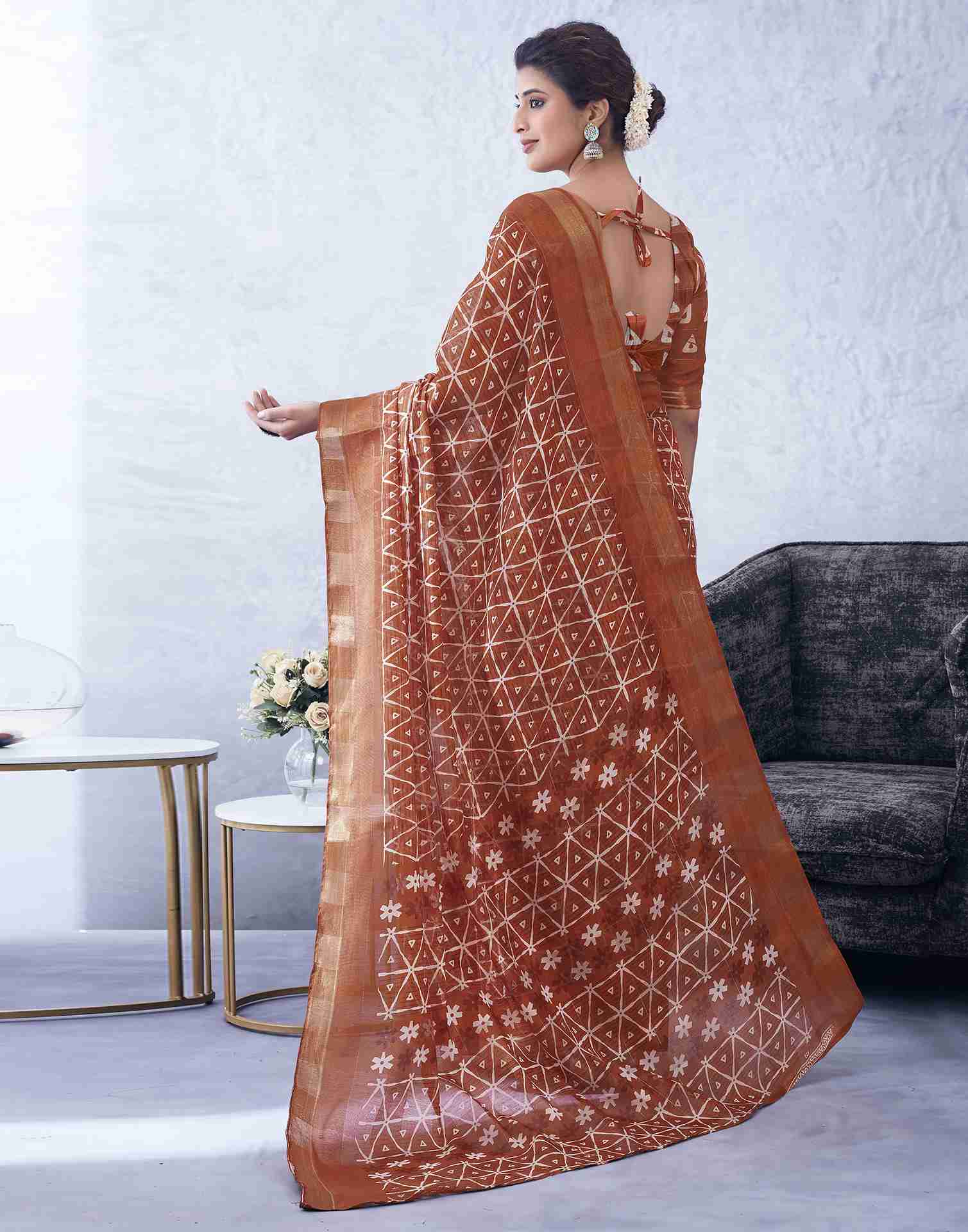 Rust Cotton Printed Saree