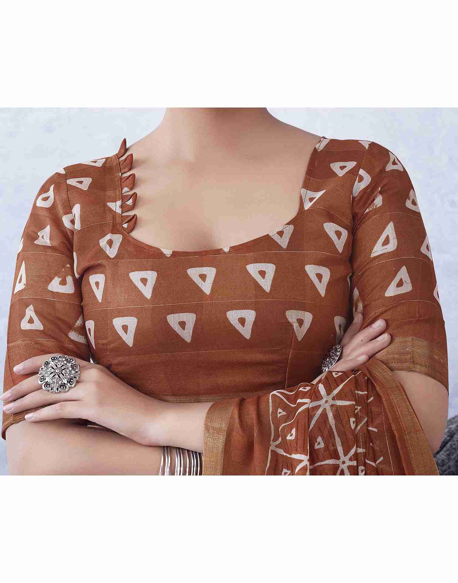 Rust Cotton Printed Saree