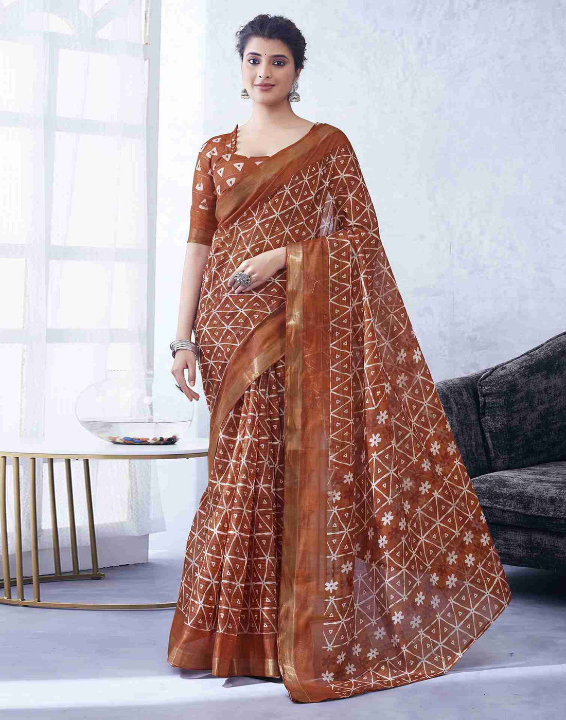 Rust Cotton Printed Saree