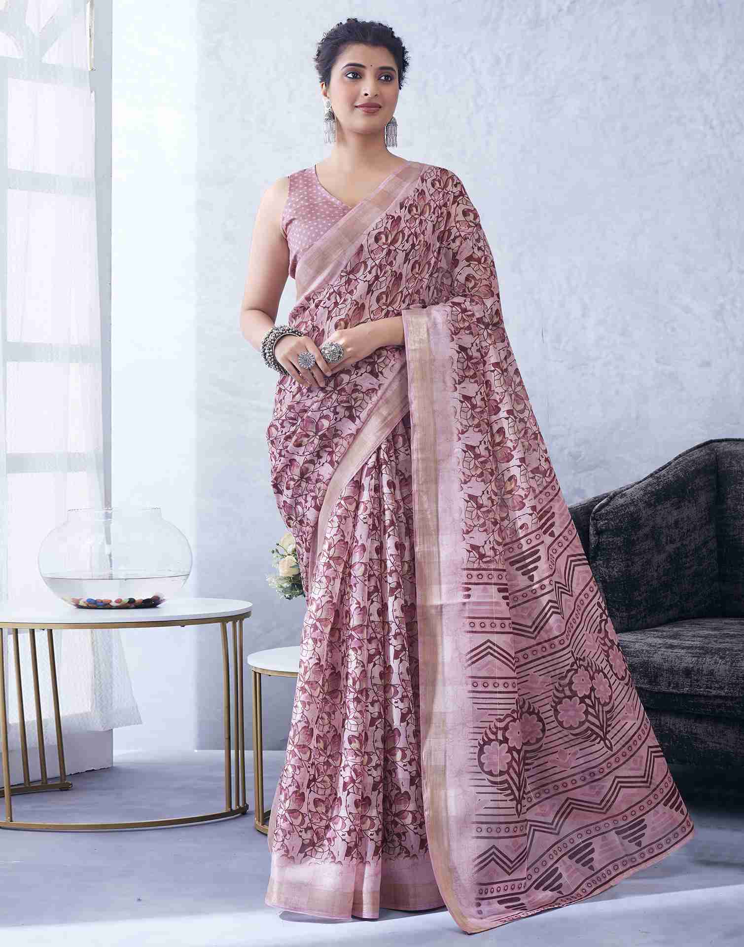 Pink Cotton Printed Saree