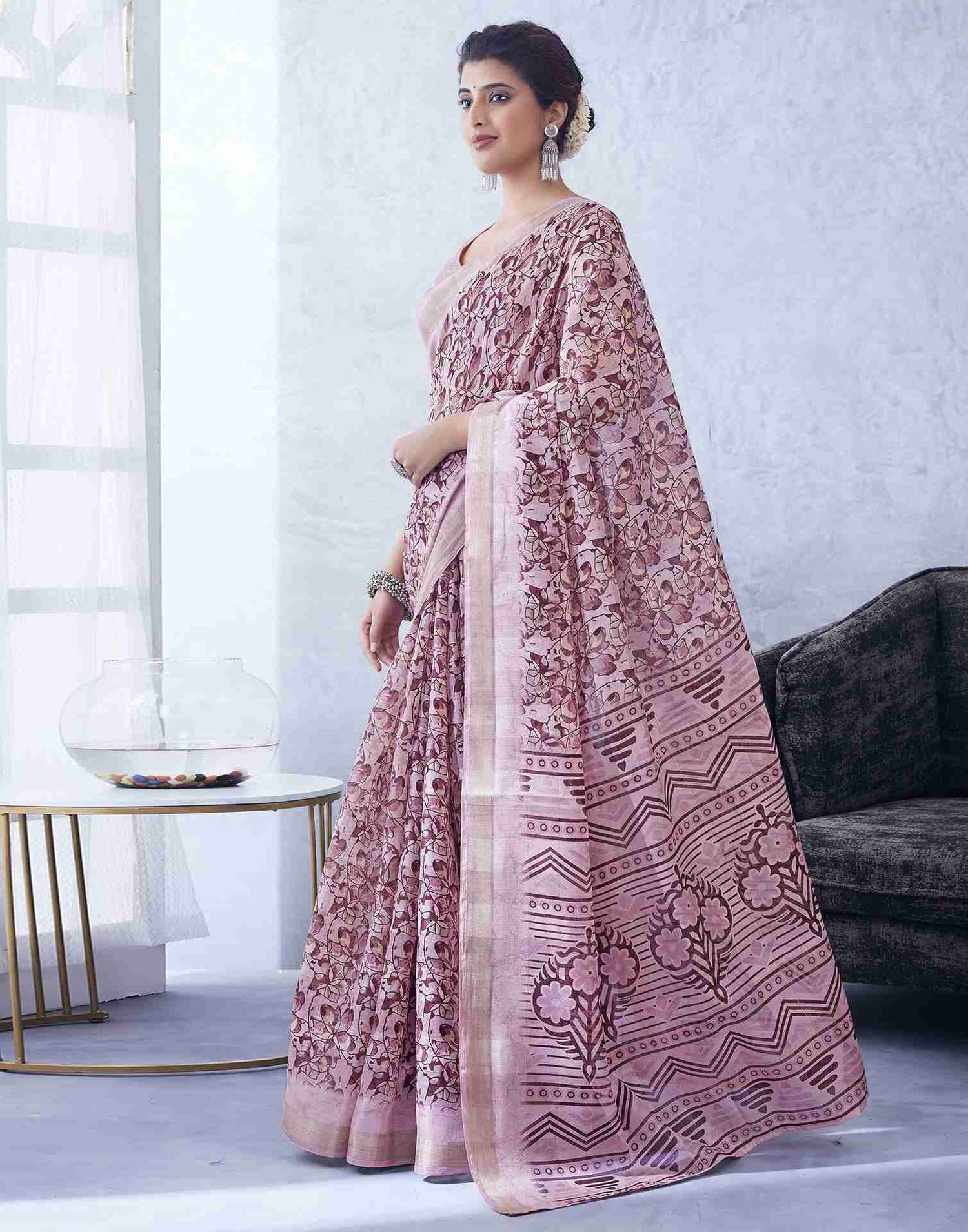 Pink Cotton Printed Saree