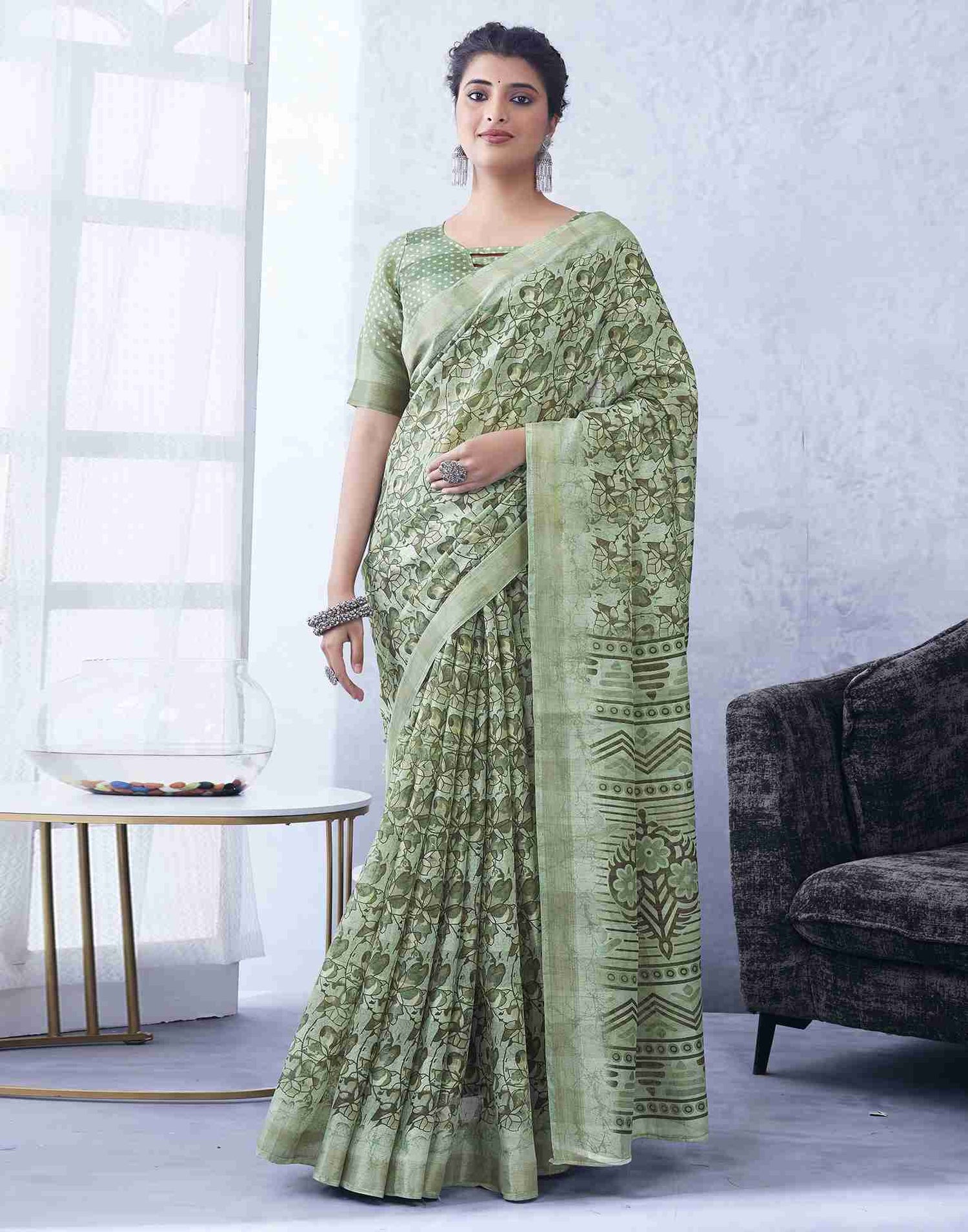 Green Cotton Printed Saree