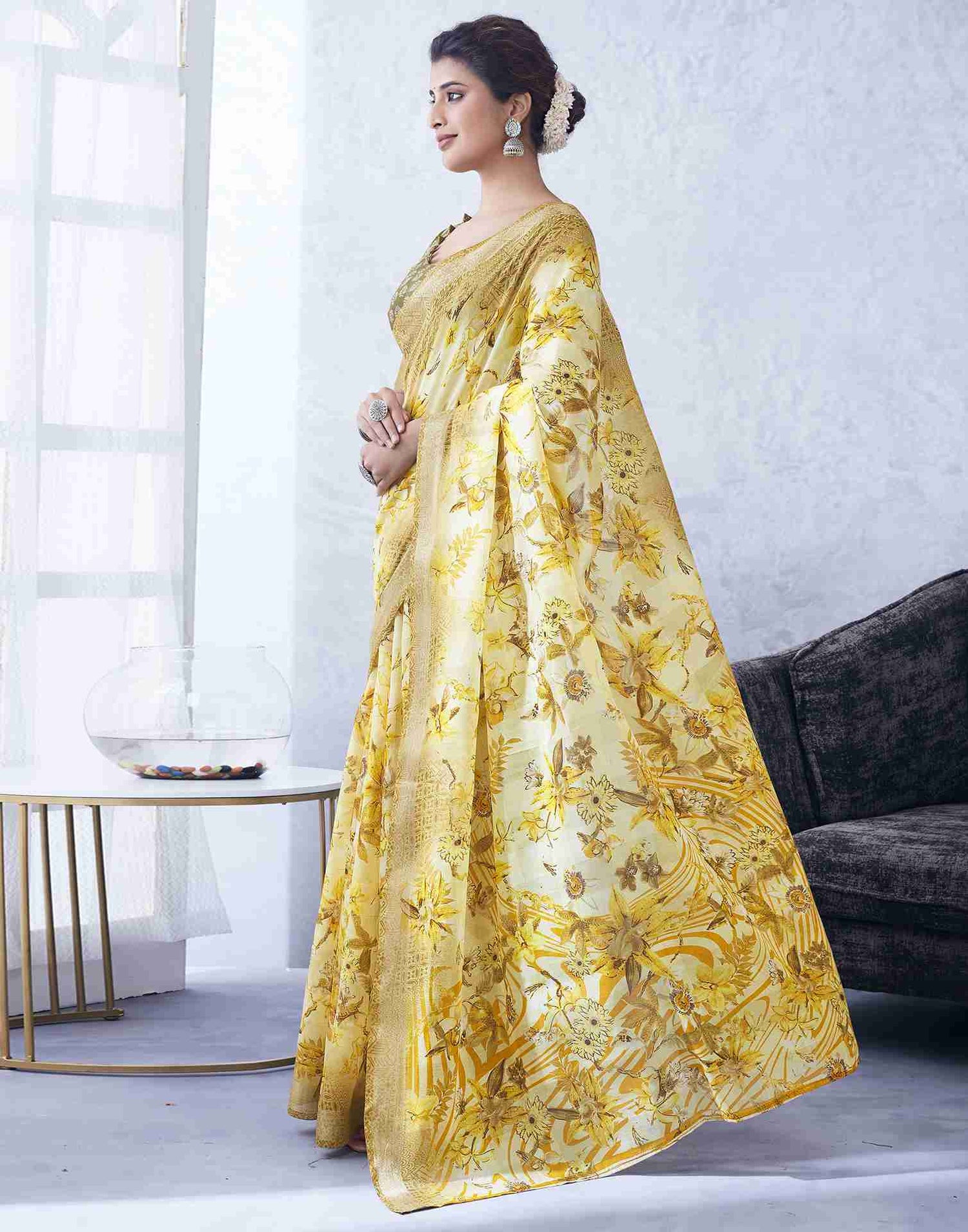 Yellow Cotton Printed Saree