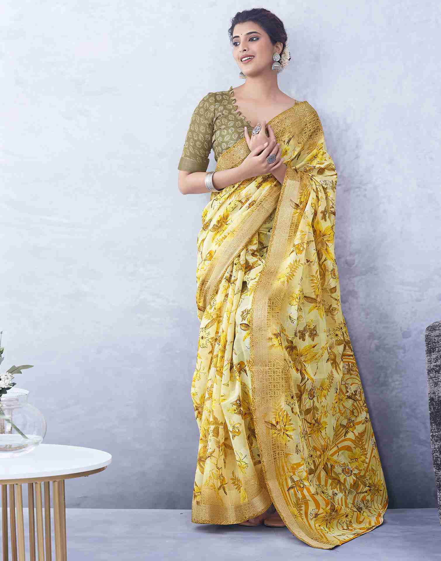 Yellow Cotton Printed Saree