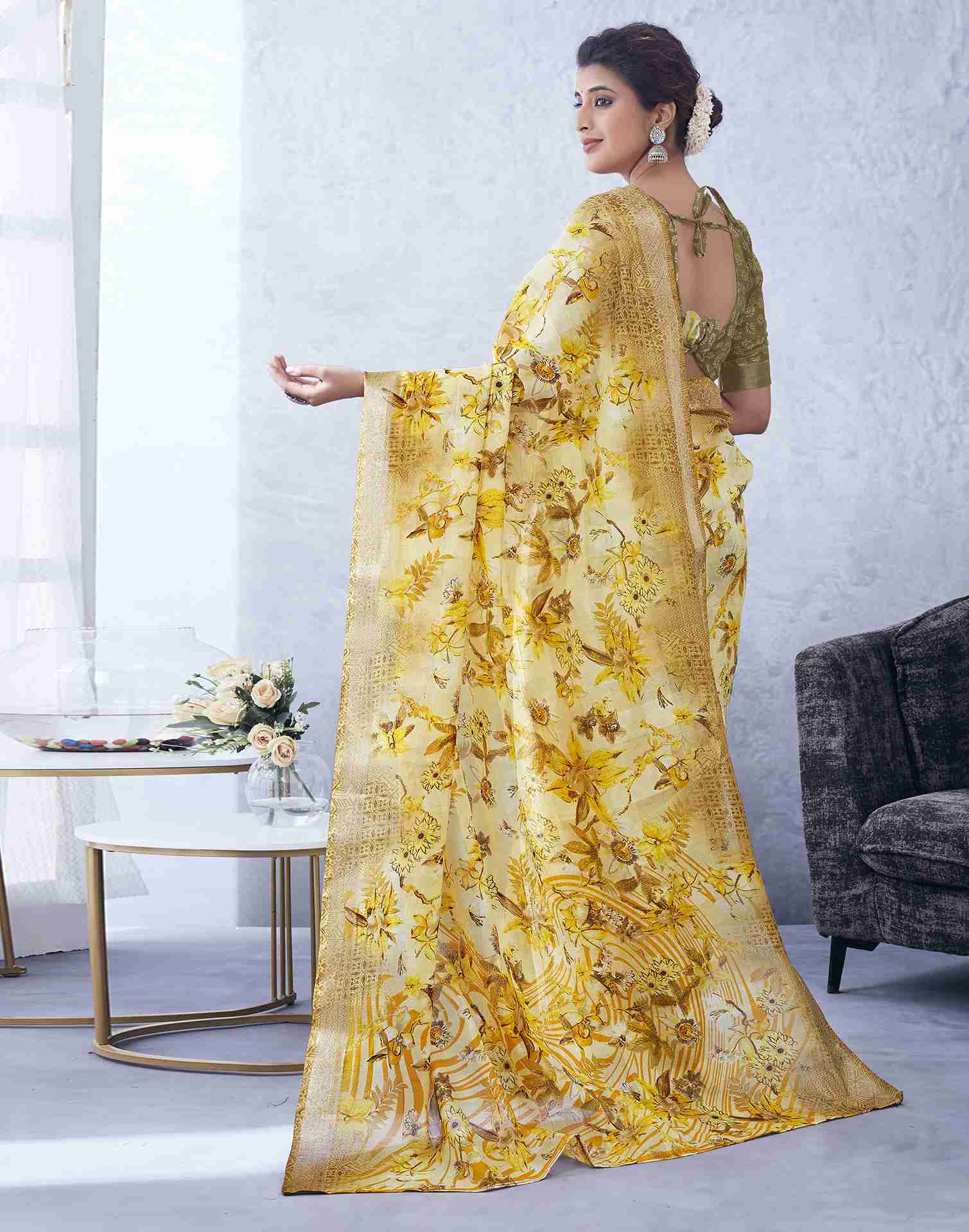 Yellow Cotton Printed Saree