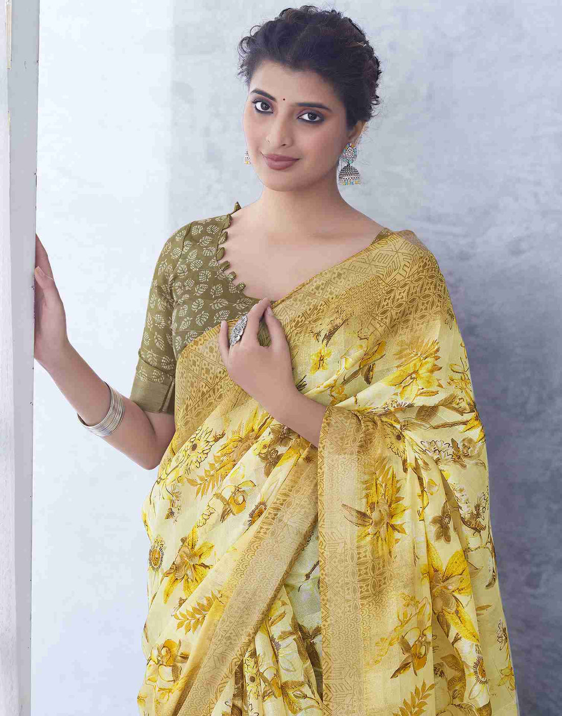 Yellow Cotton Printed Saree