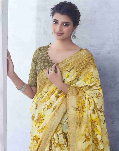 Yellow Cotton Printed Saree