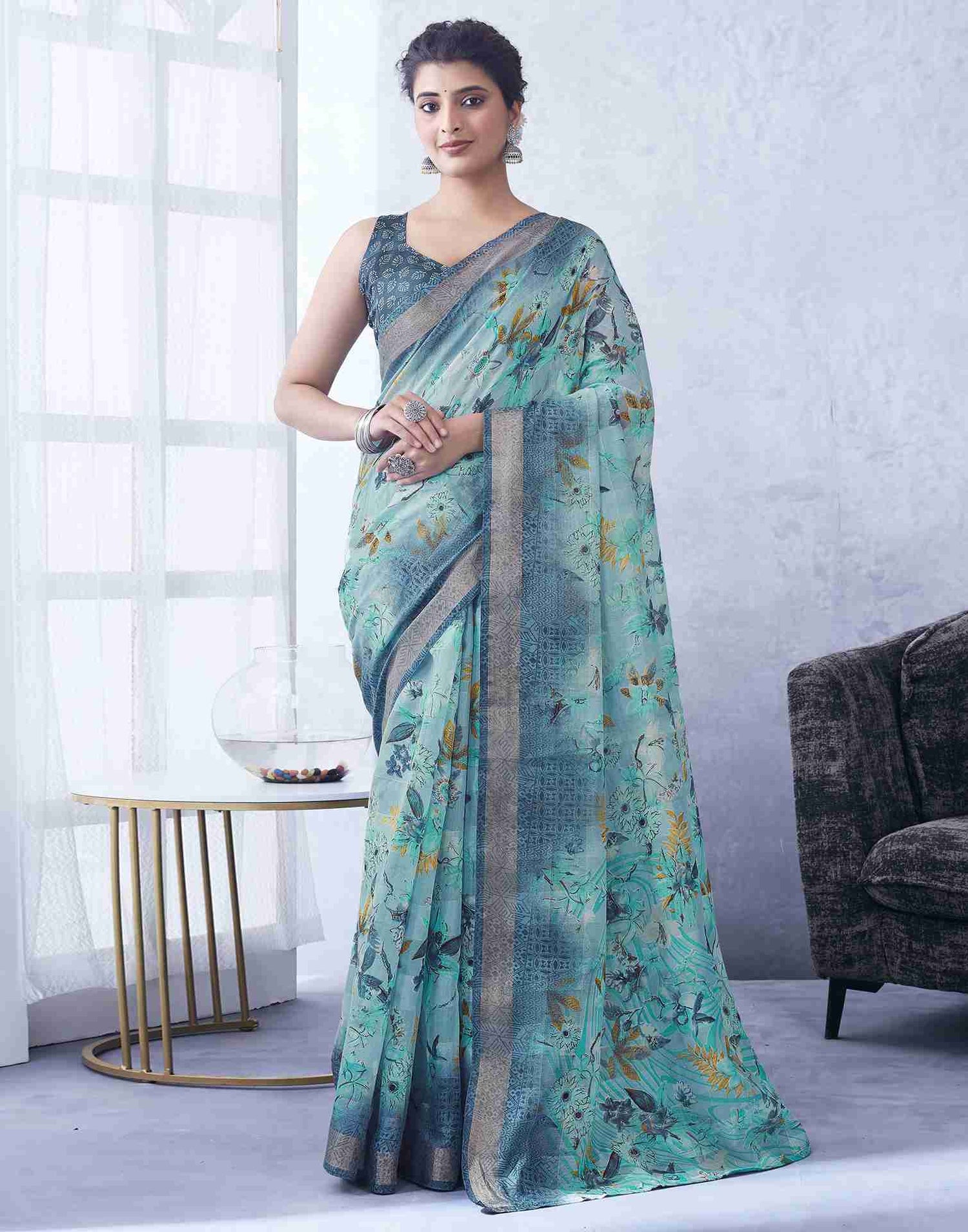 Blue Cotton Printed Saree