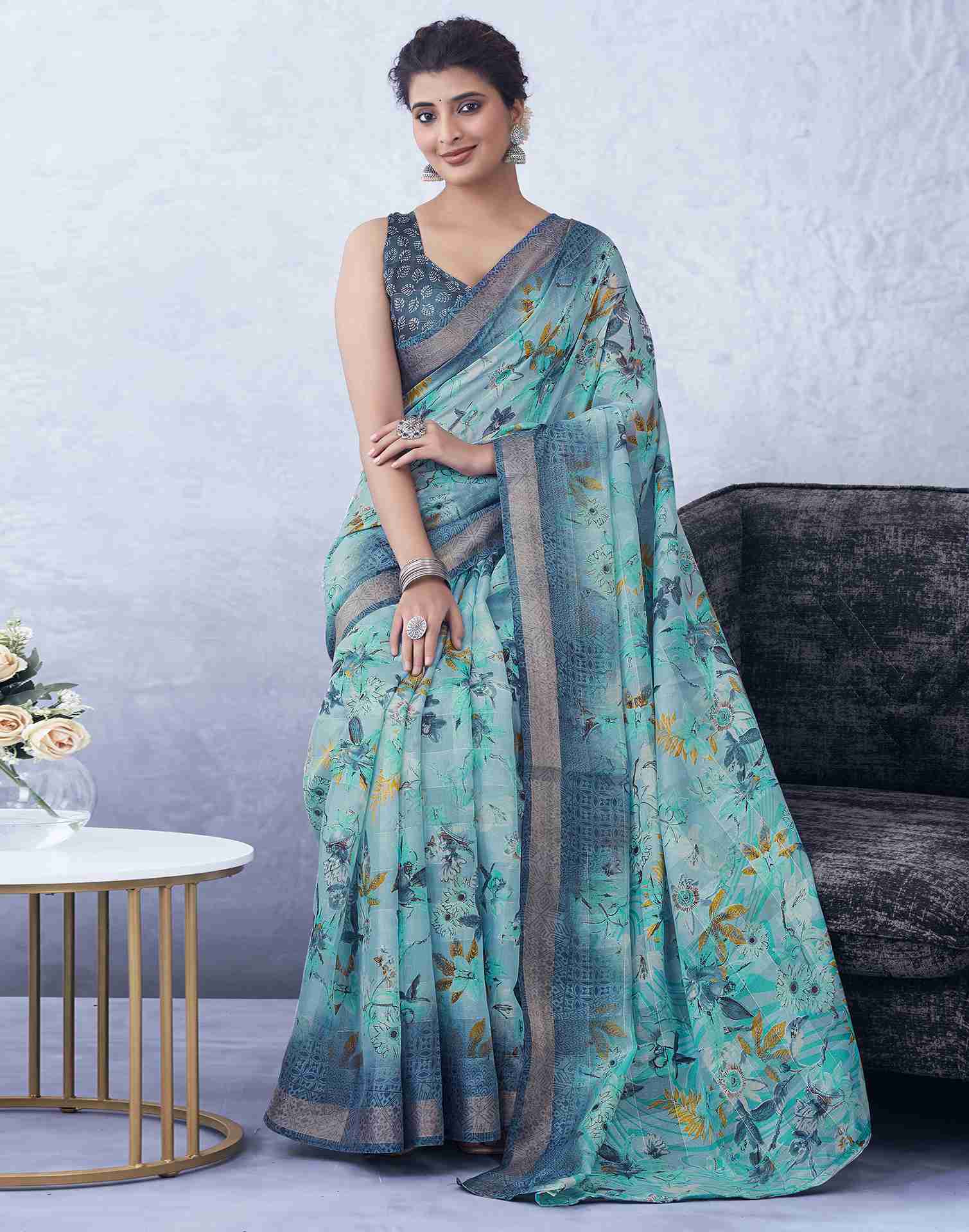 Blue Cotton Printed Saree