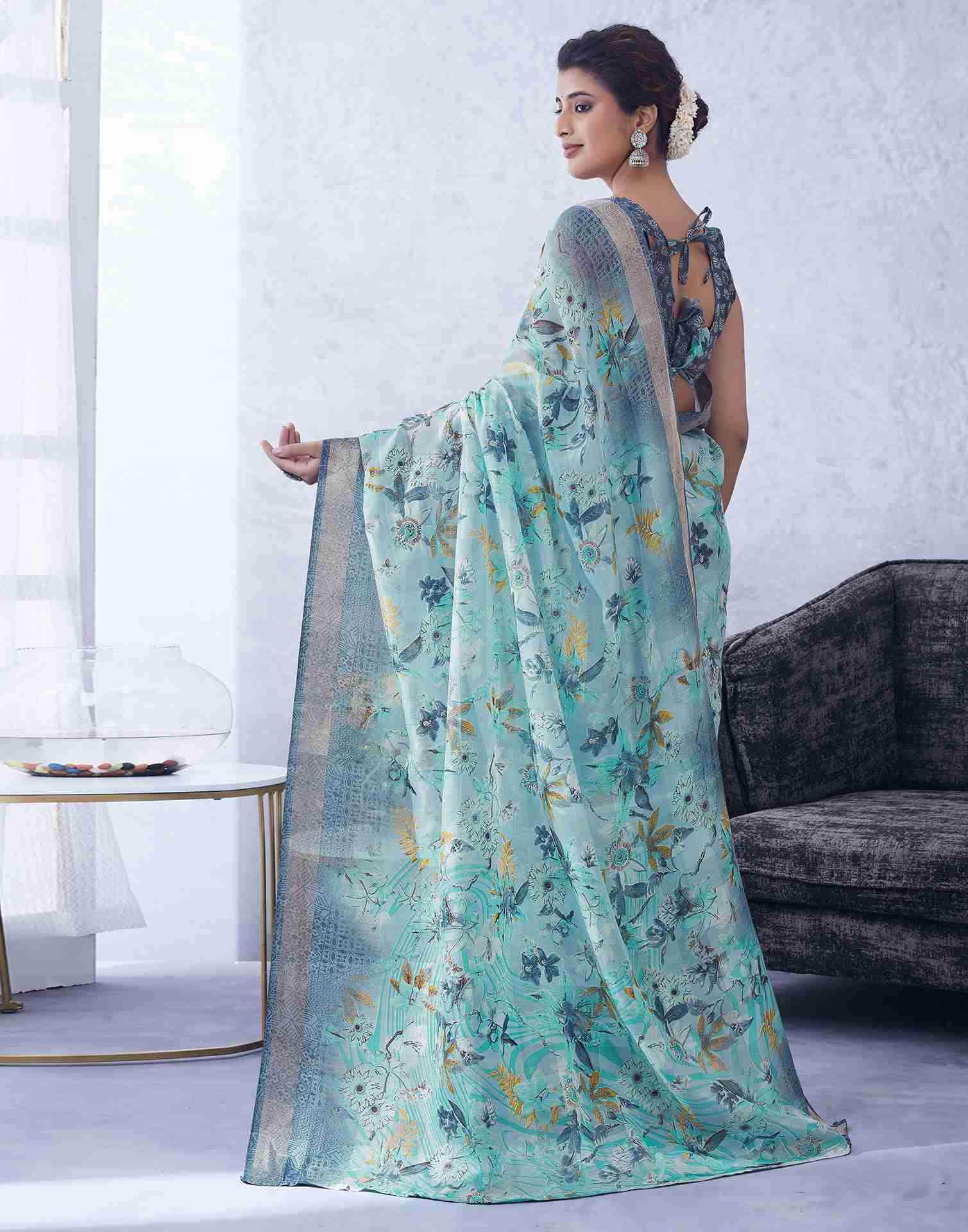 Blue Cotton Printed Saree