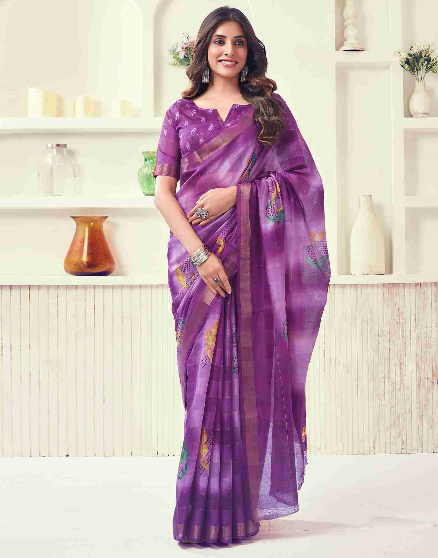 Purple Cotton Printed Saree