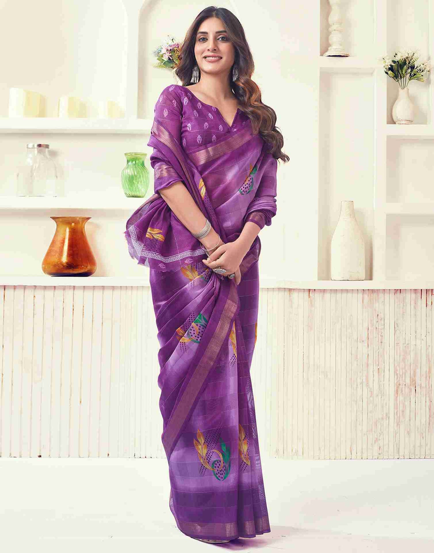 Purple Cotton Printed Saree