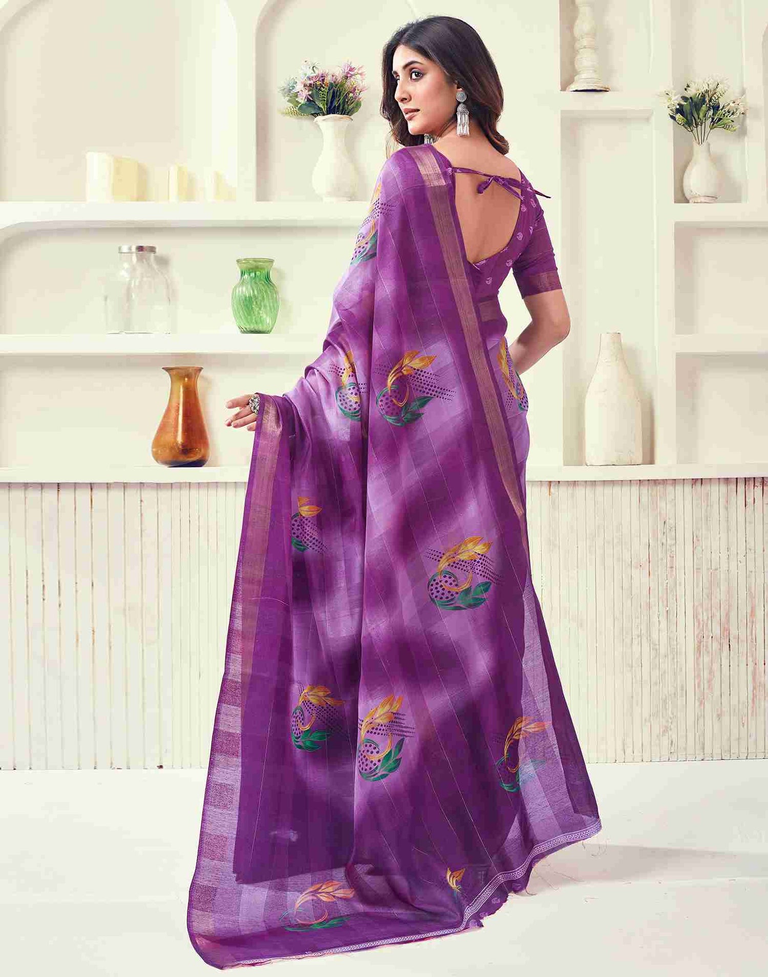 Purple Cotton Printed Saree