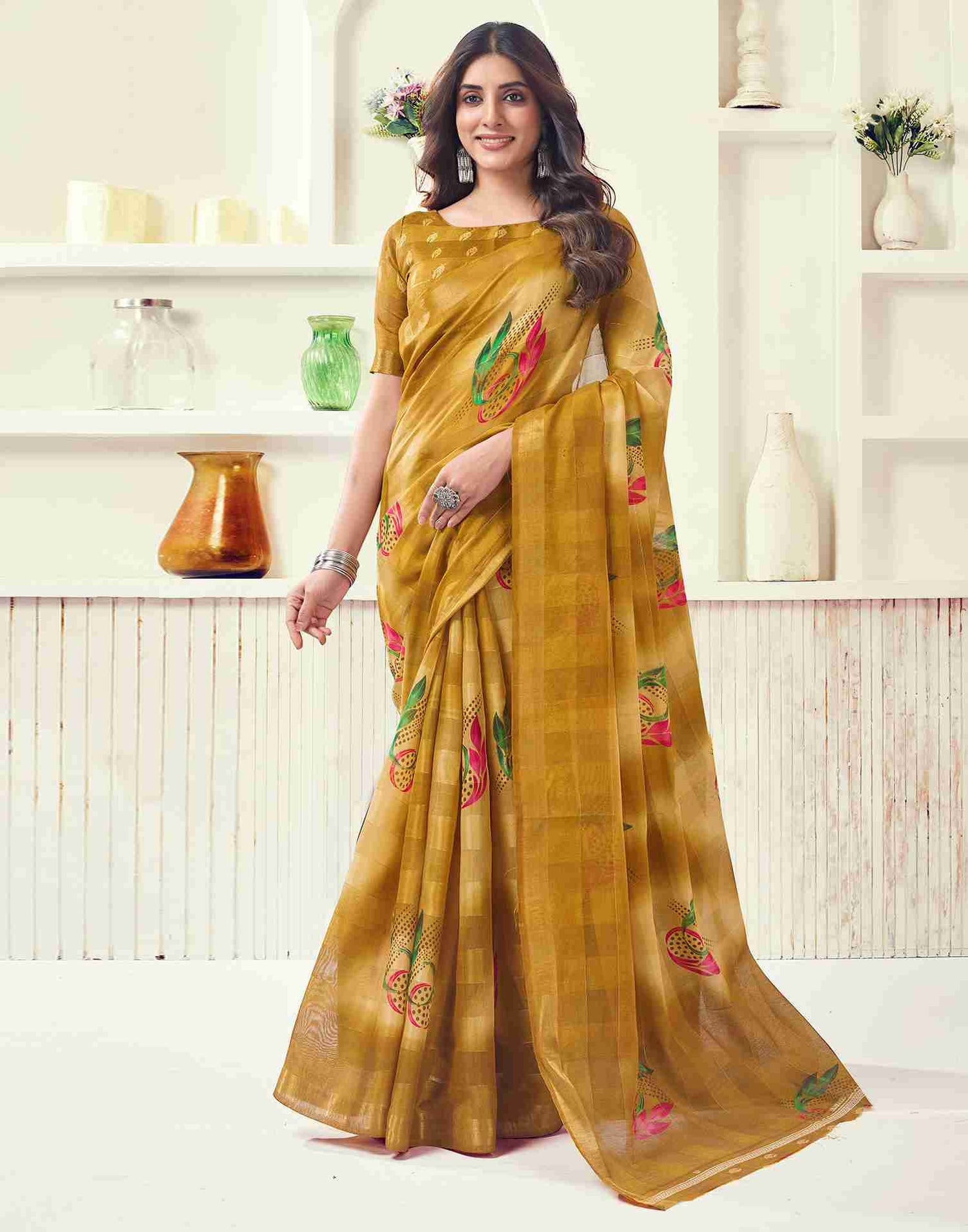 Yellow Cotton Printed Saree