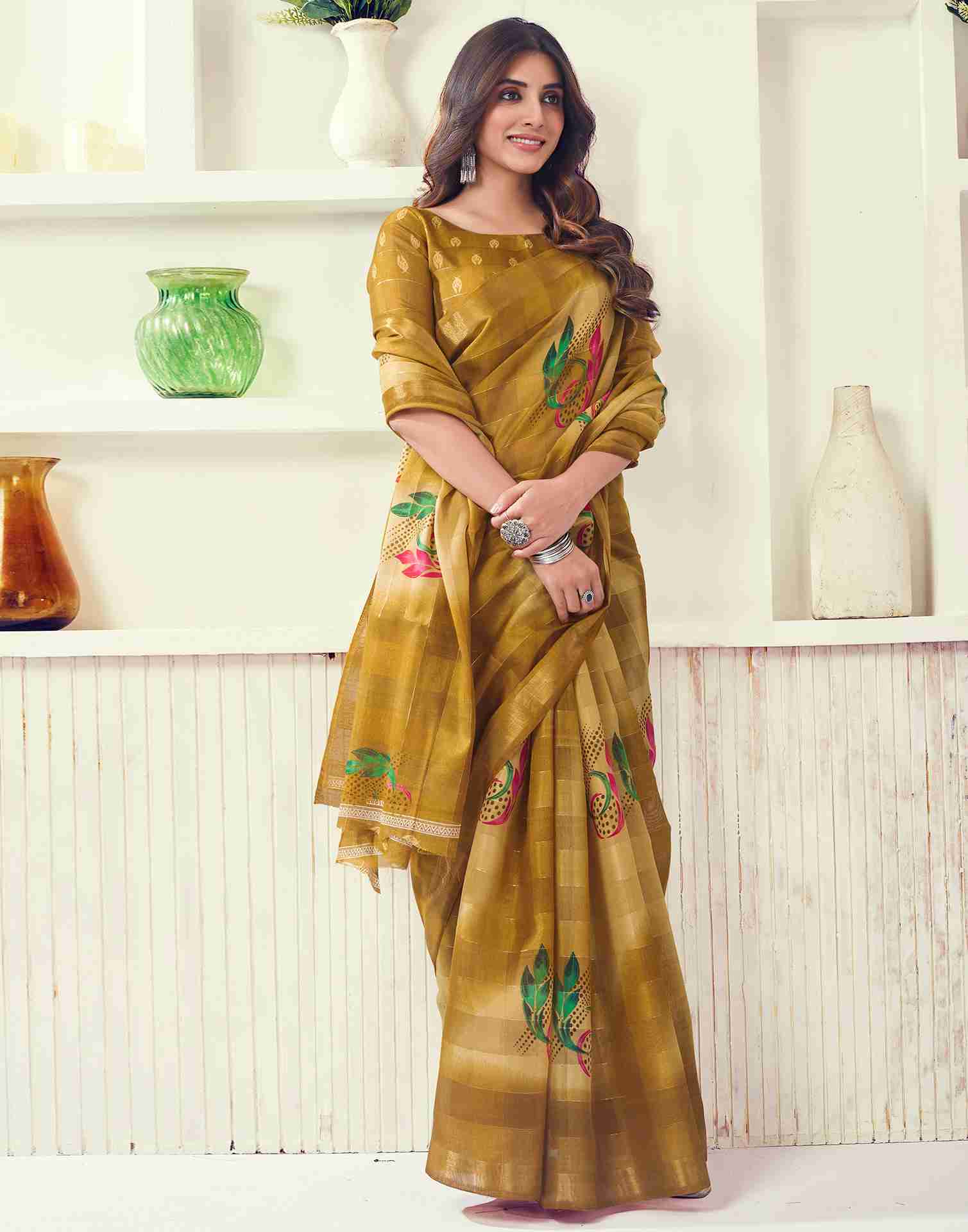 Yellow Cotton Printed Saree