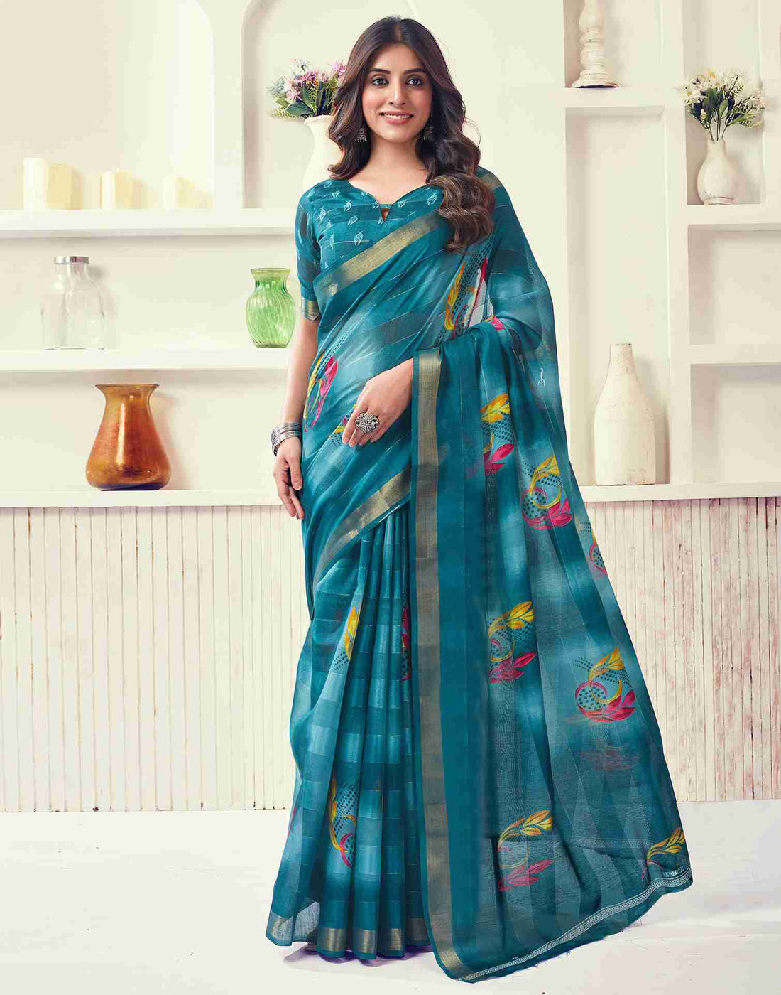 Green Cotton Printed Saree