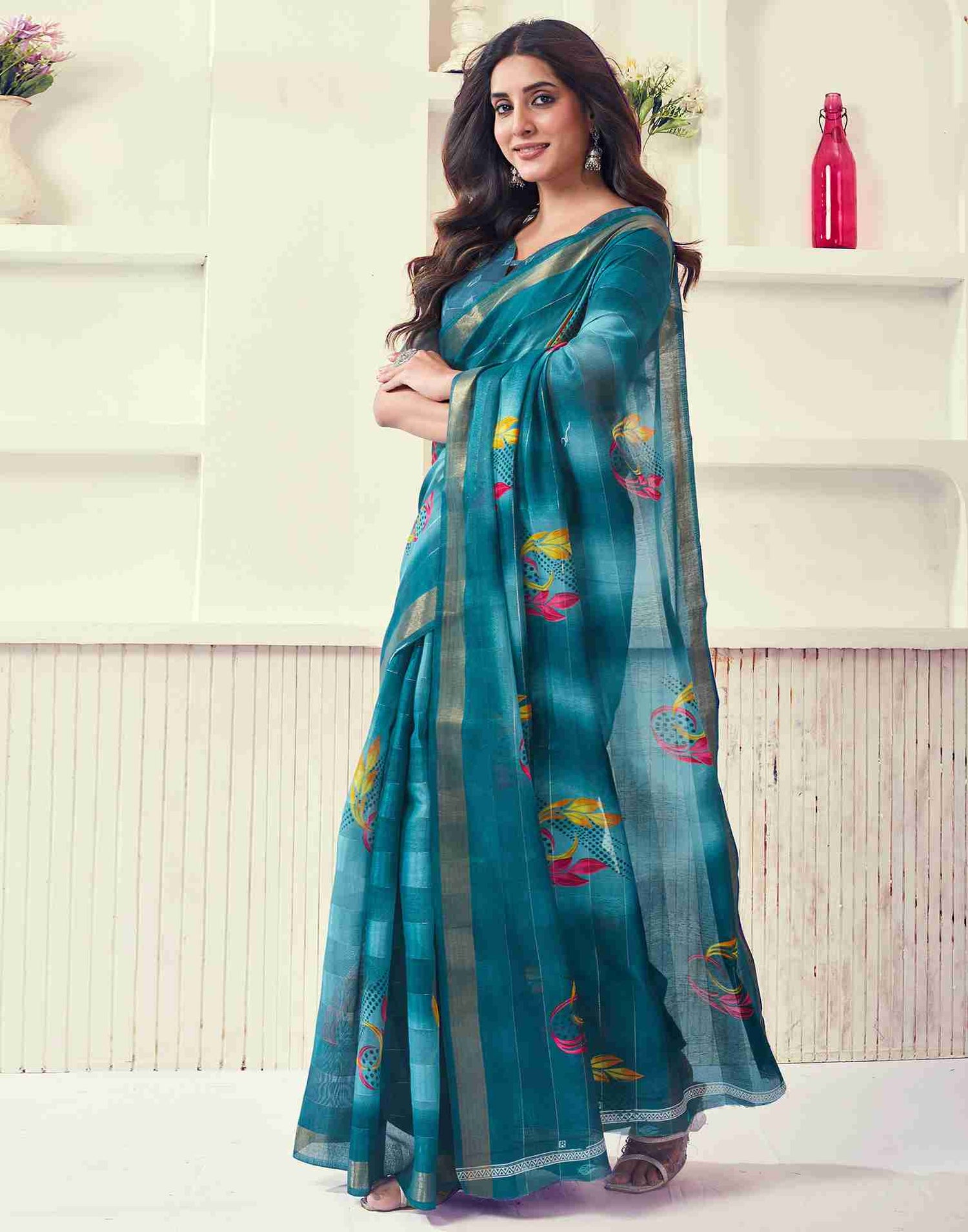 Green Cotton Printed Saree