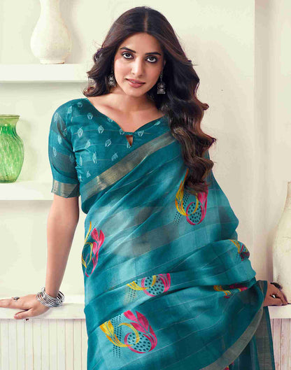 Green Cotton Printed Saree