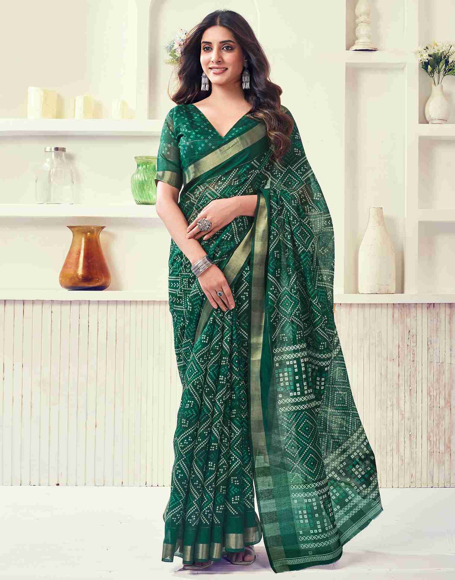 Green Cotton Printed Saree