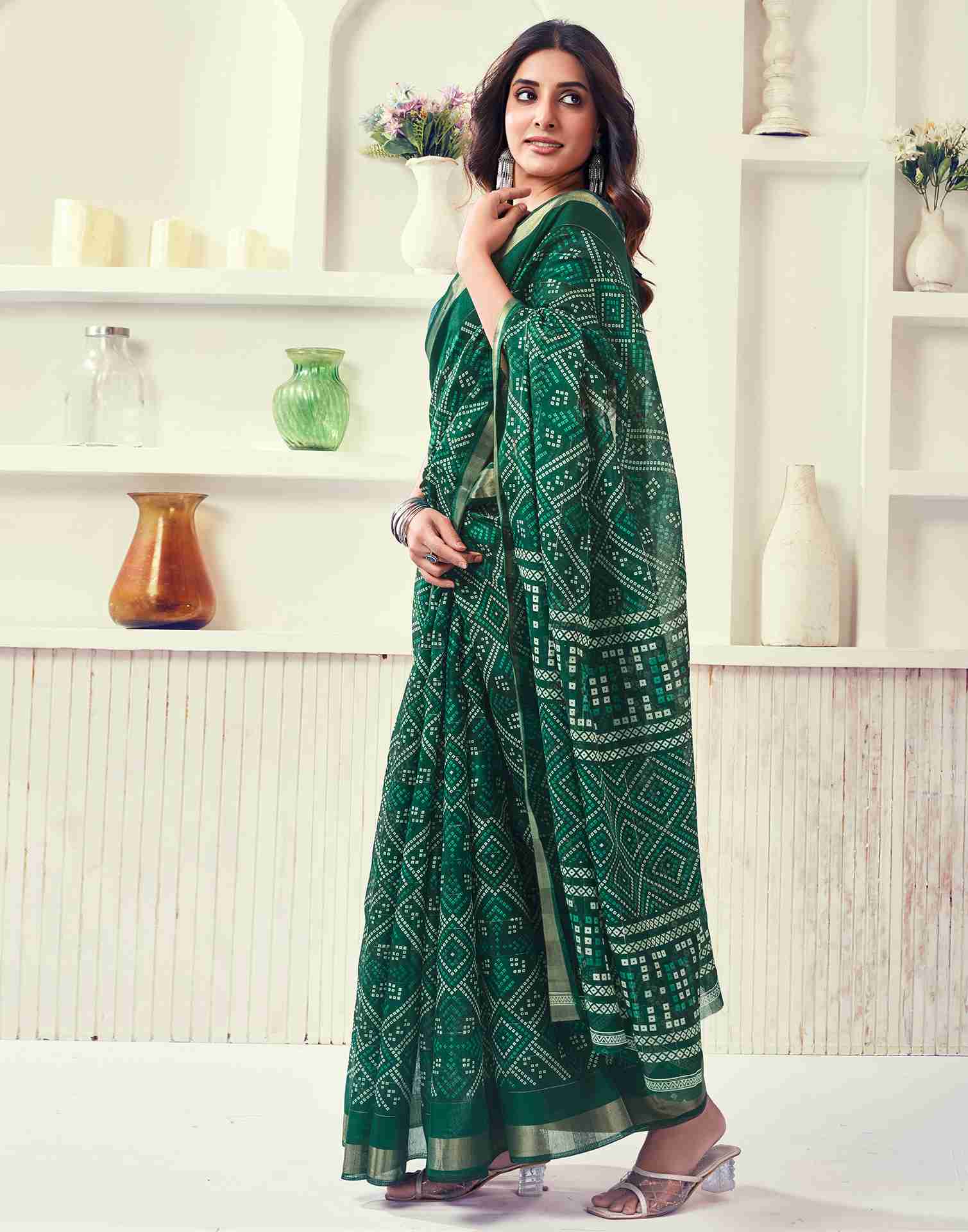 Green Cotton Printed Saree