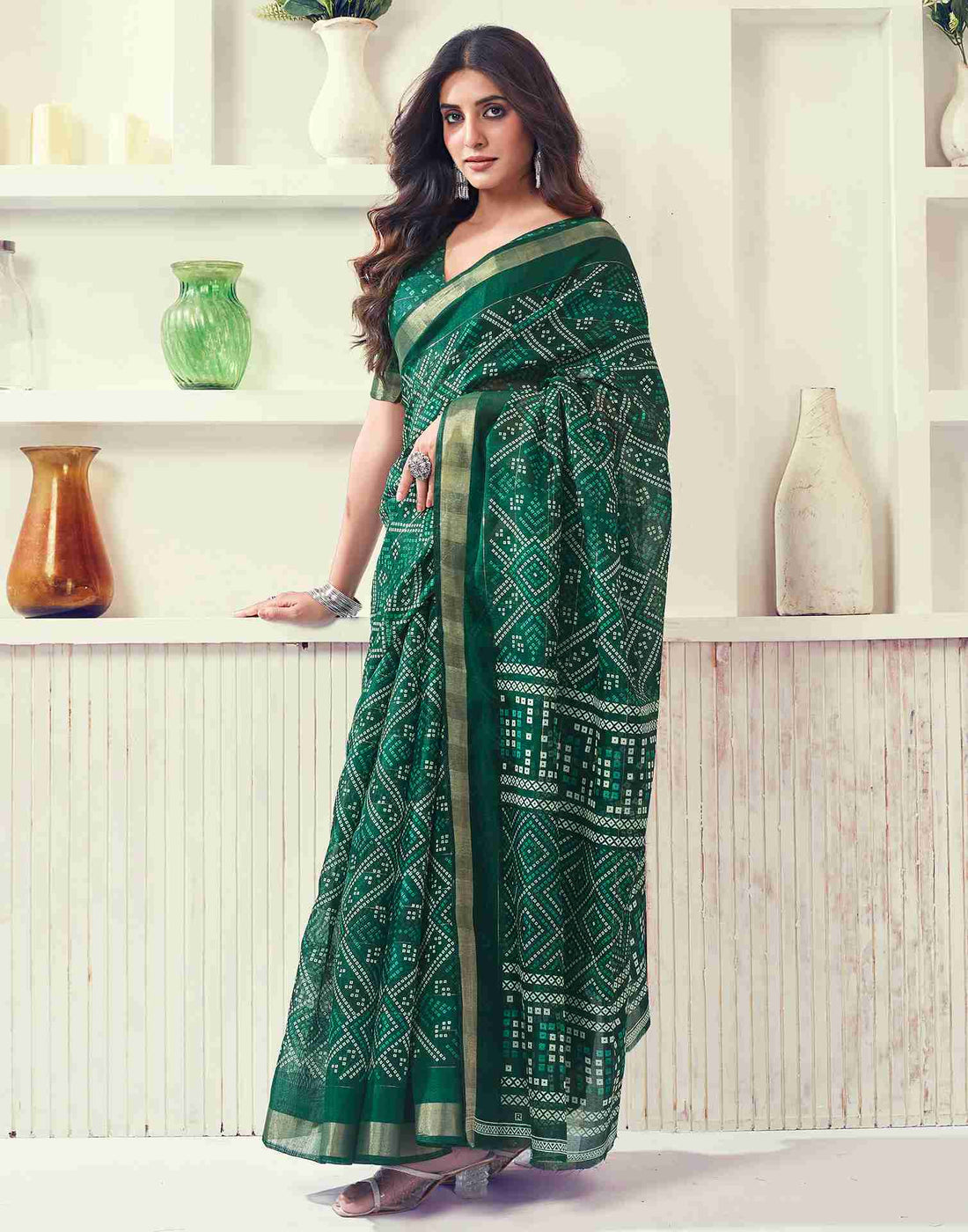 Green Cotton Printed Saree