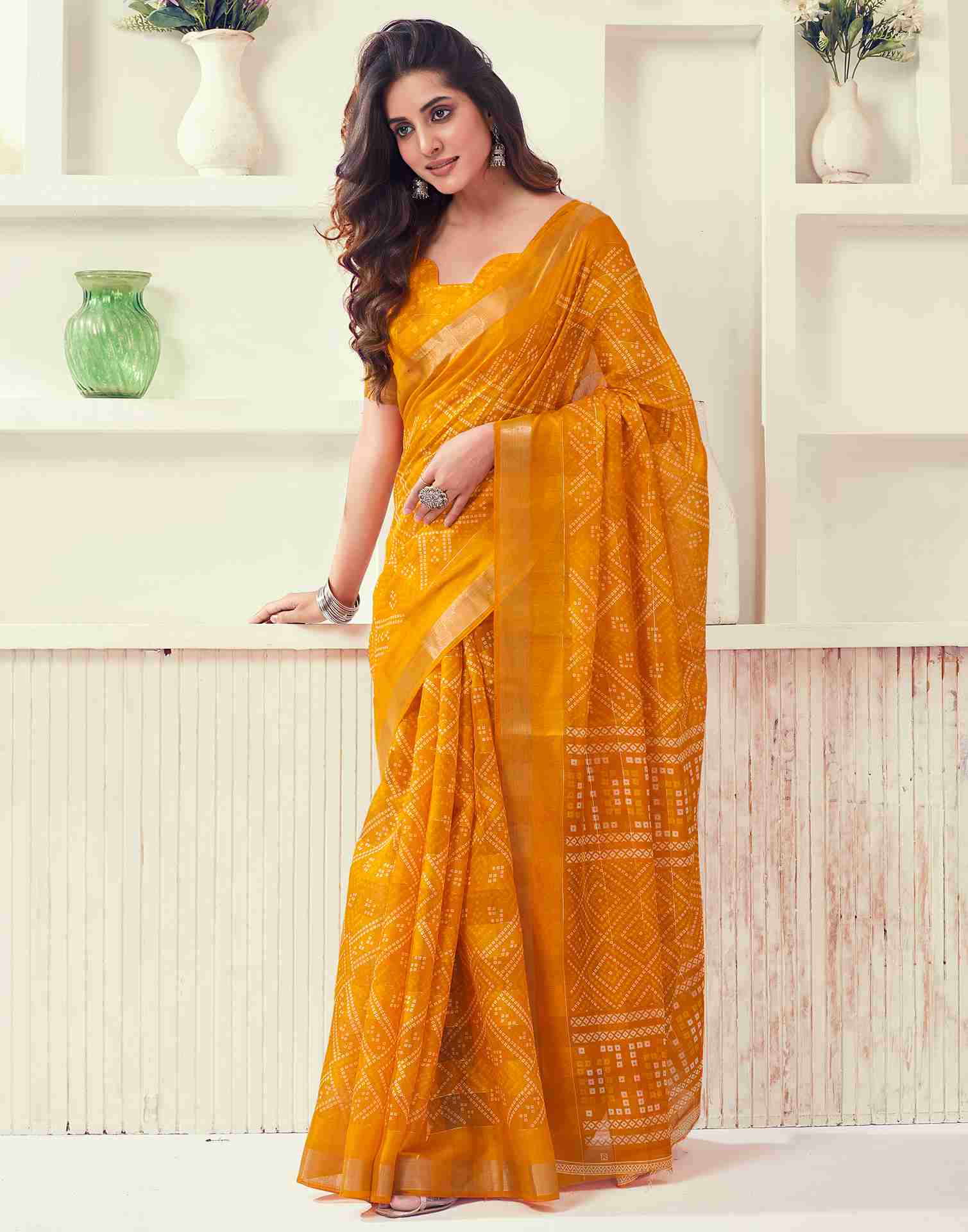 Yellow Cotton Printed Saree