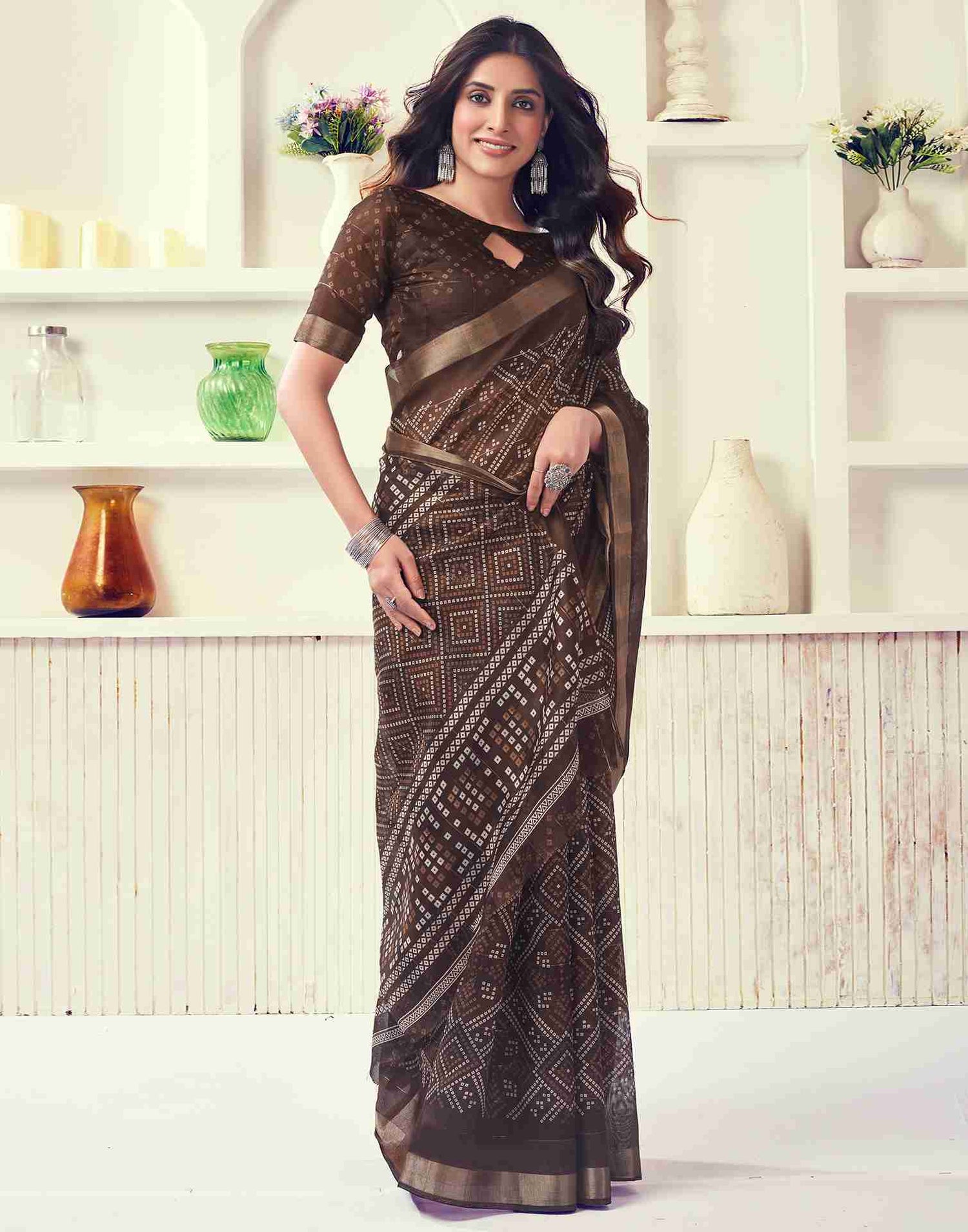 Brown Cotton Printed Saree