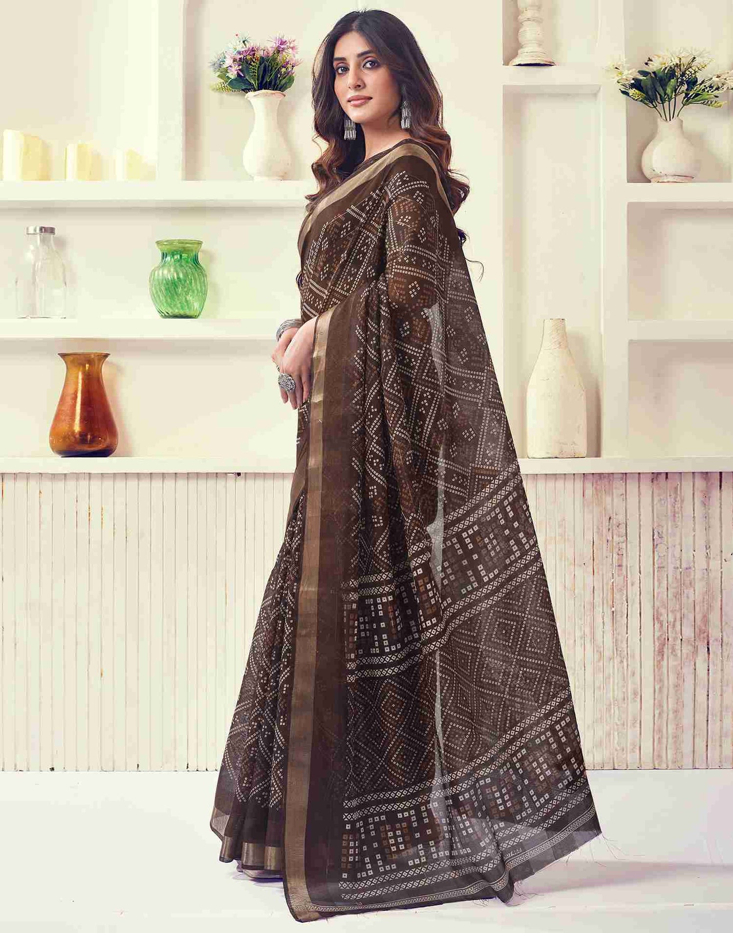 Brown Cotton Printed Saree