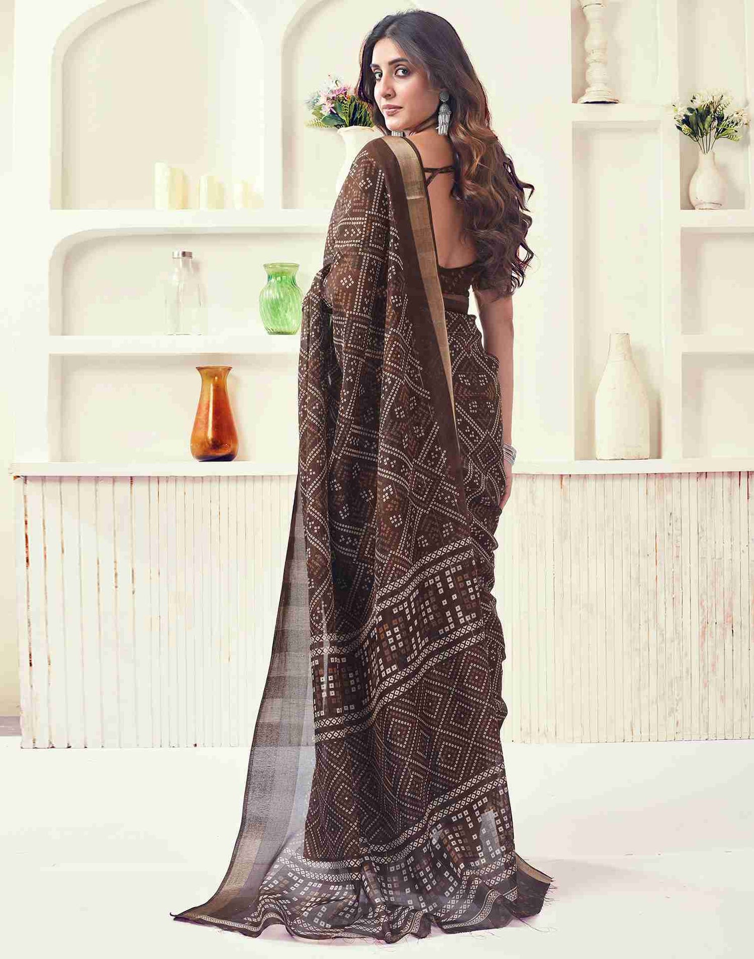 Brown Cotton Printed Saree