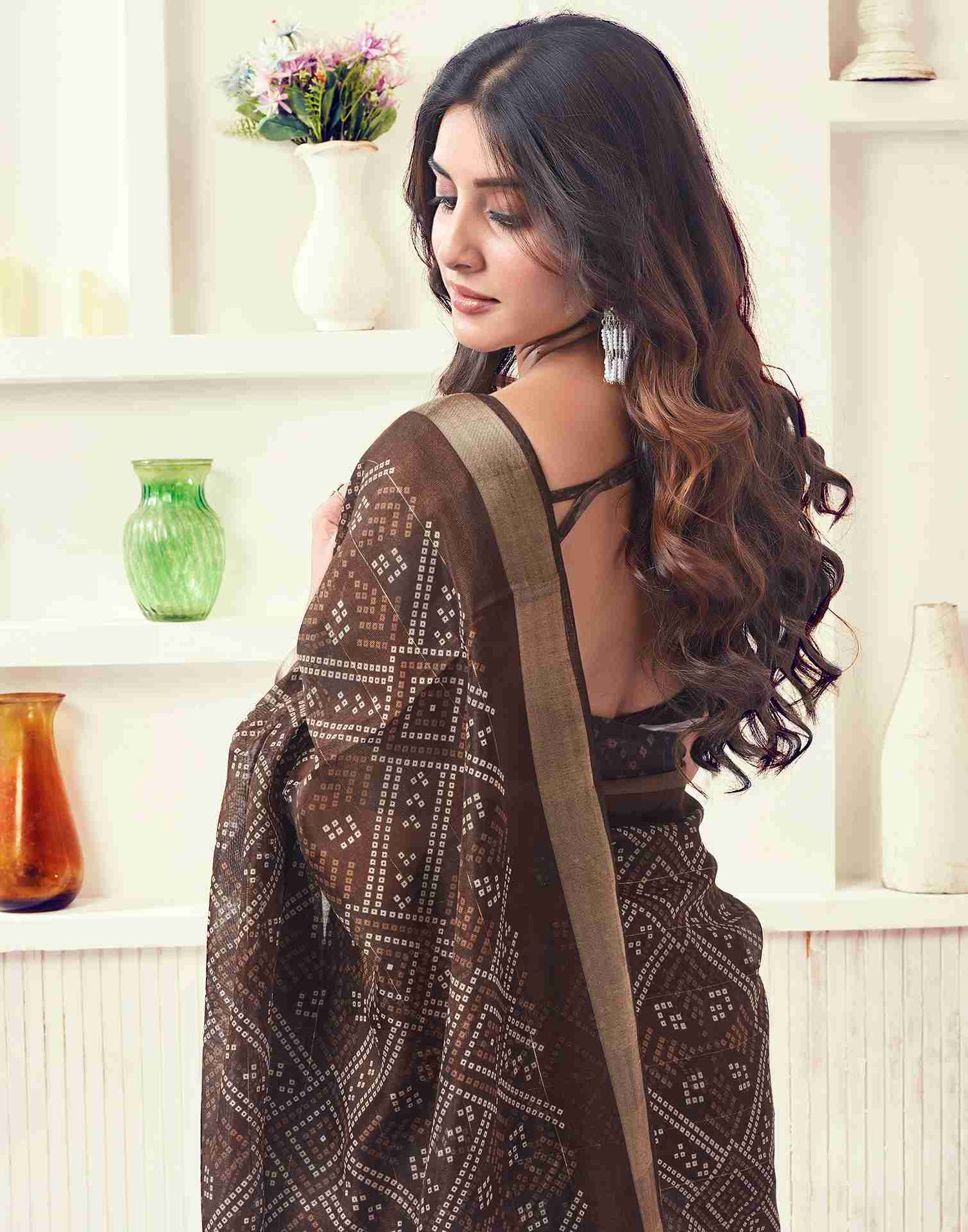 Brown Cotton Printed Saree