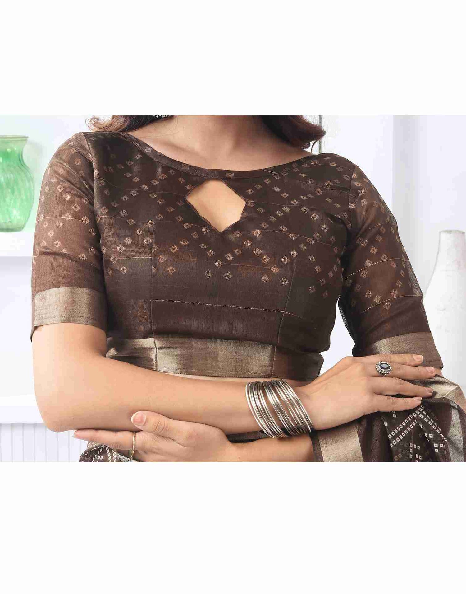 Brown Cotton Printed Saree