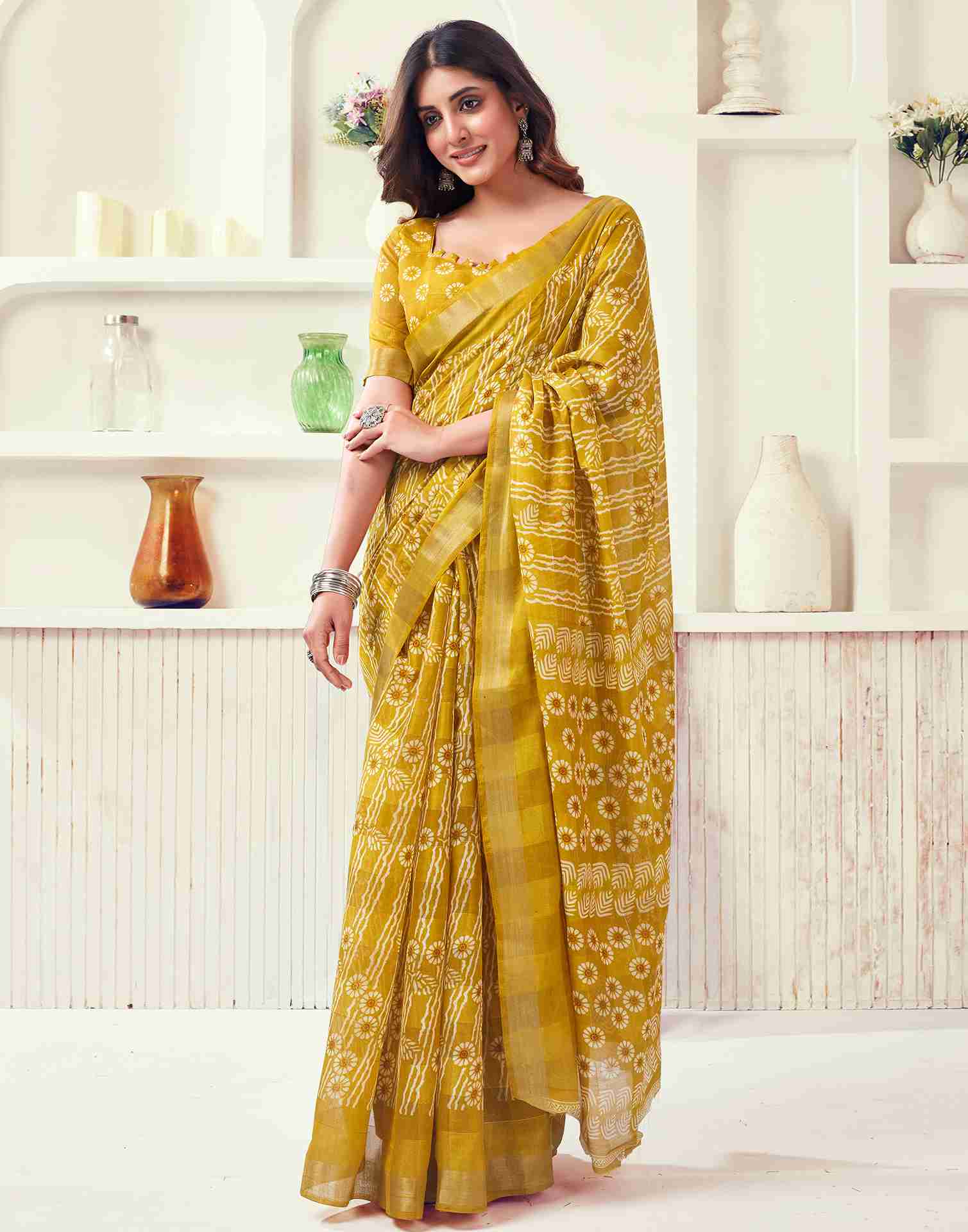 Yellow Cotton Printed Saree