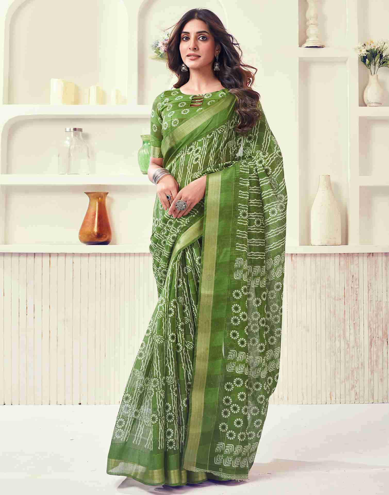 Green Cotton Printed Saree