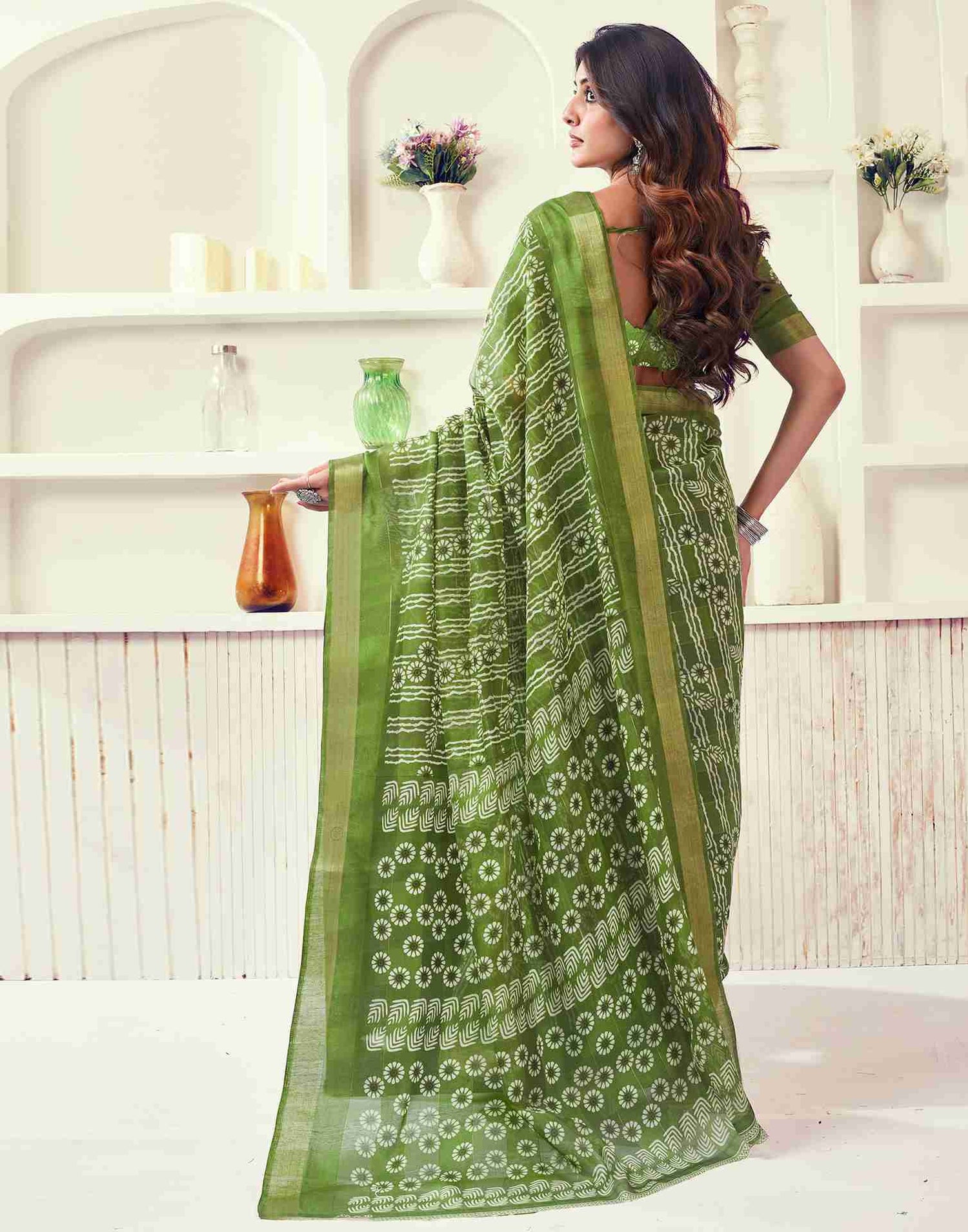 Green Cotton Printed Saree