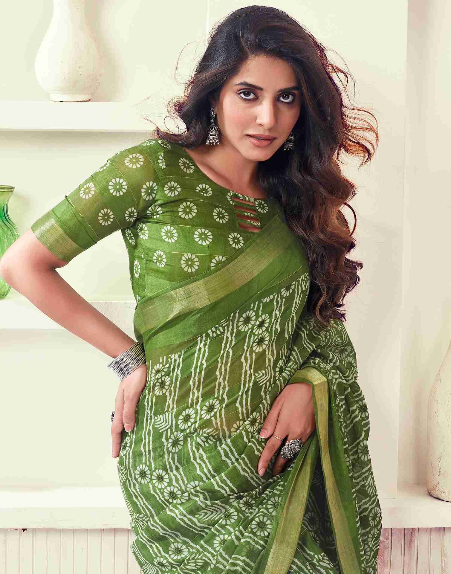 Green Cotton Printed Saree