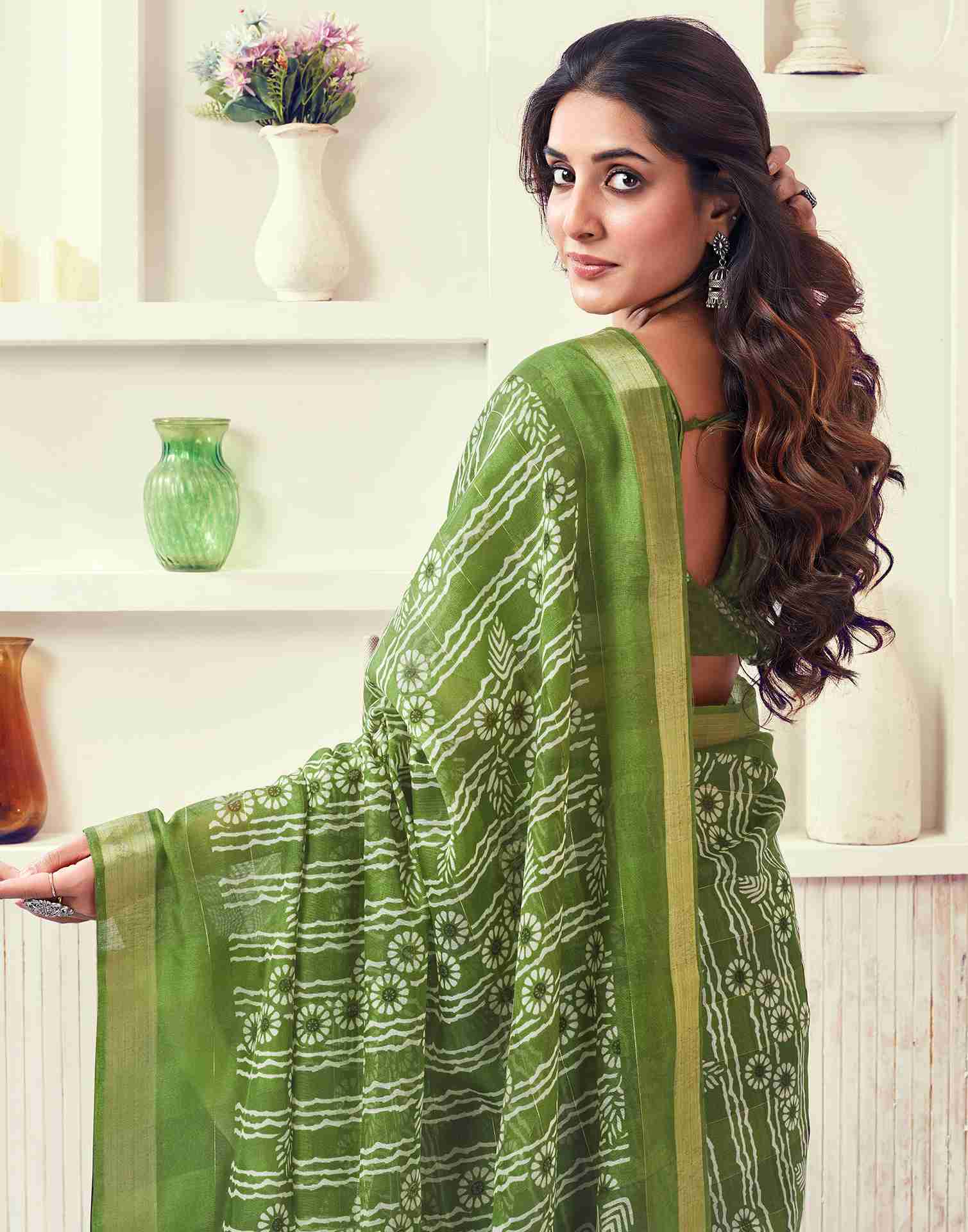 Green Cotton Printed Saree