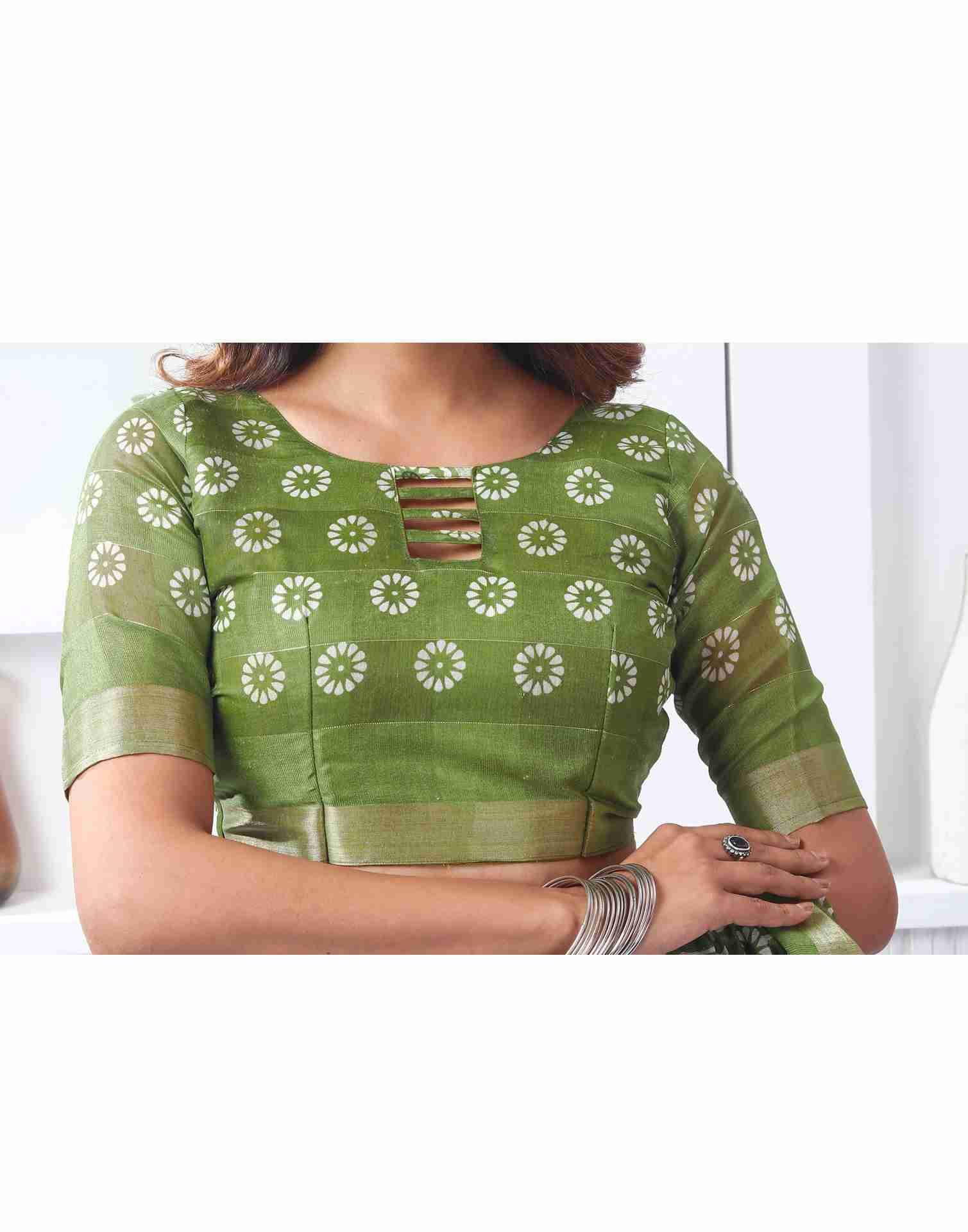 Green Cotton Printed Saree