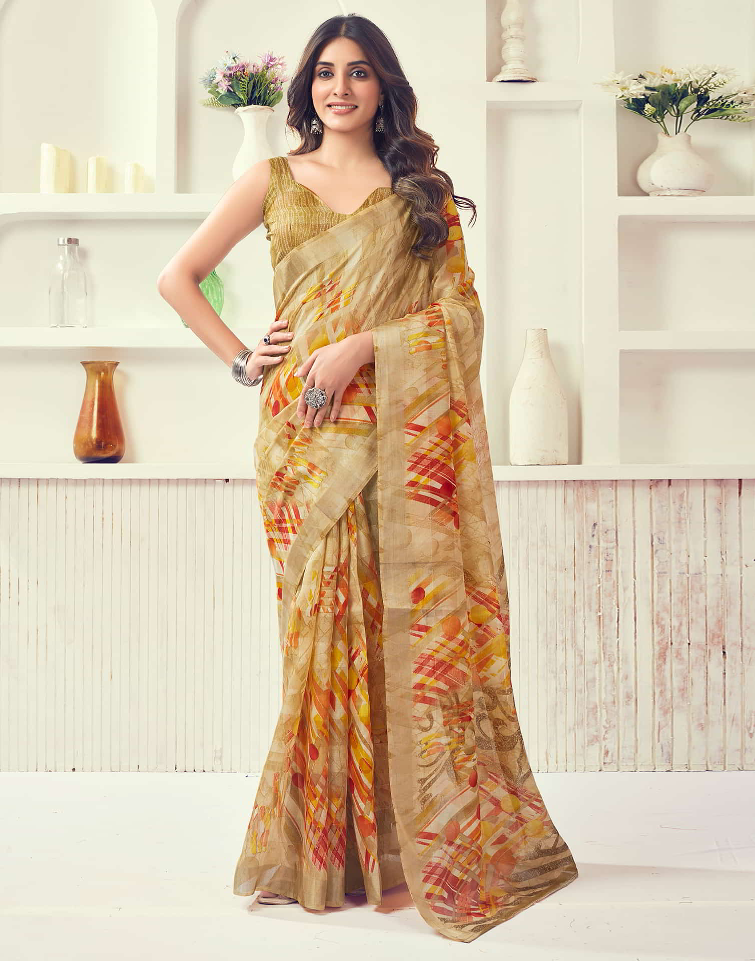 Beige Printed Cotton Geometric Saree