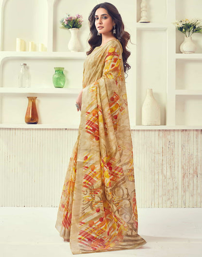 Beige Printed Cotton Geometric Saree