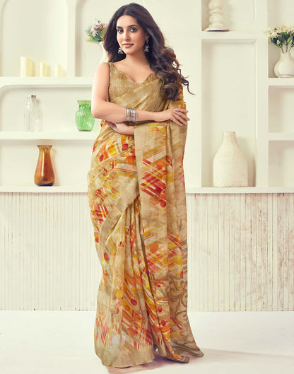 Beige Printed Cotton Geometric Saree