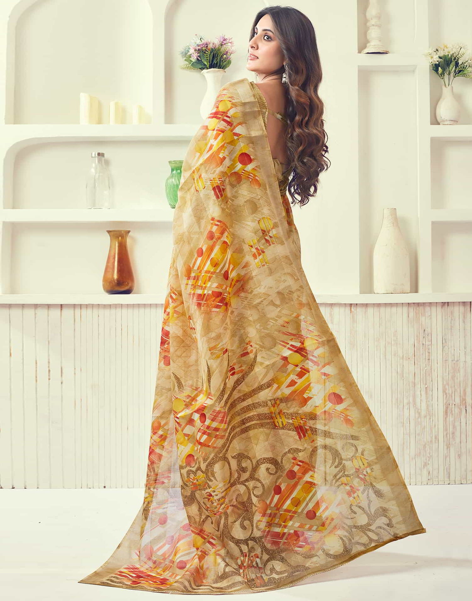 Beige Printed Cotton Geometric Saree