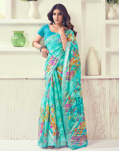 Turquoise Printed Cotton Geometric Saree