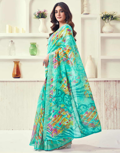 Turquoise Printed Cotton Geometric Saree